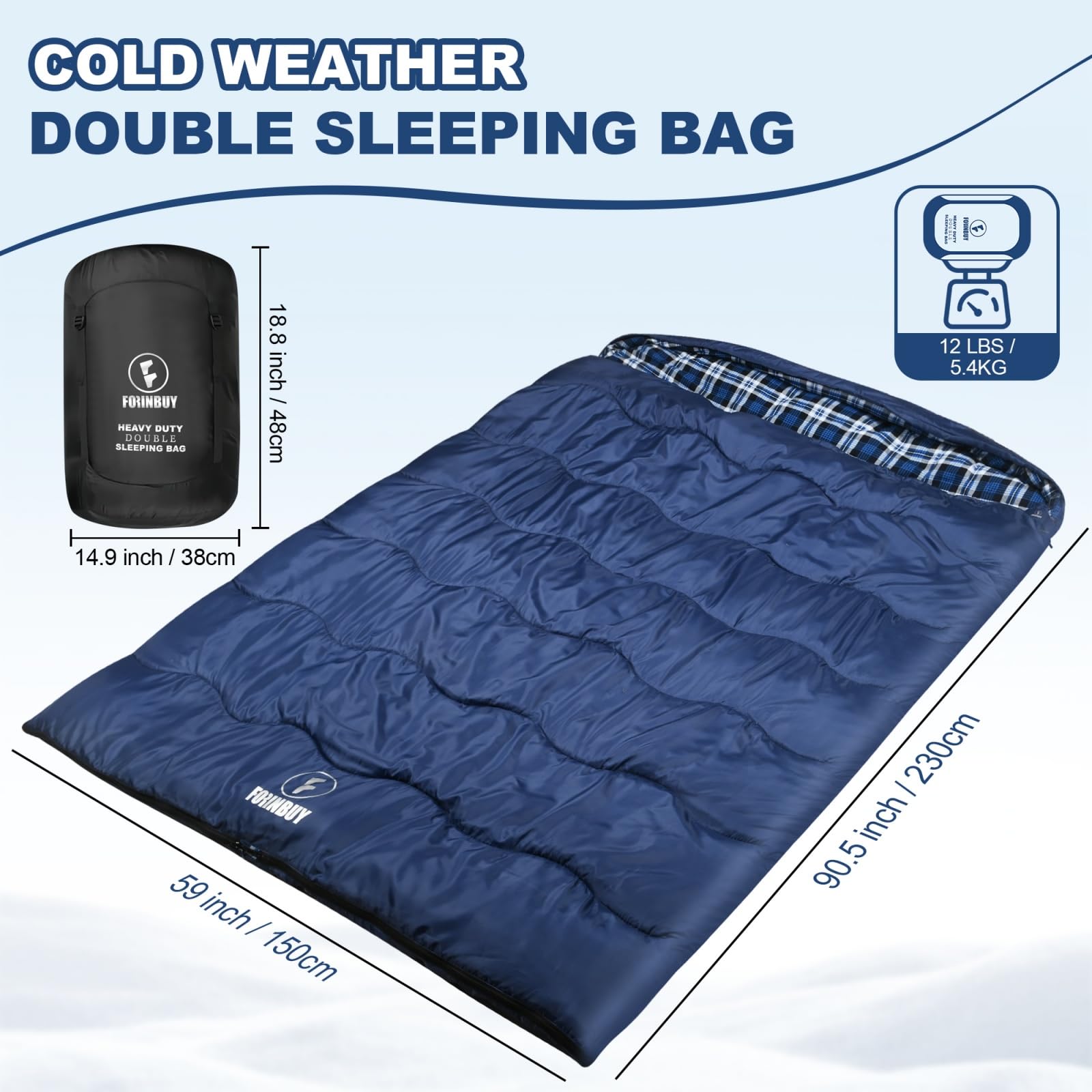 FORINBUY Katoen Flanel Dubbelslaapzak voor Volwassenen Winter Slaapzak voor 2 Personen Outdoor Waterdicht Warm Dekenslaapzak Queen Size - Ideaal voor Familie Camping en RV-reizen