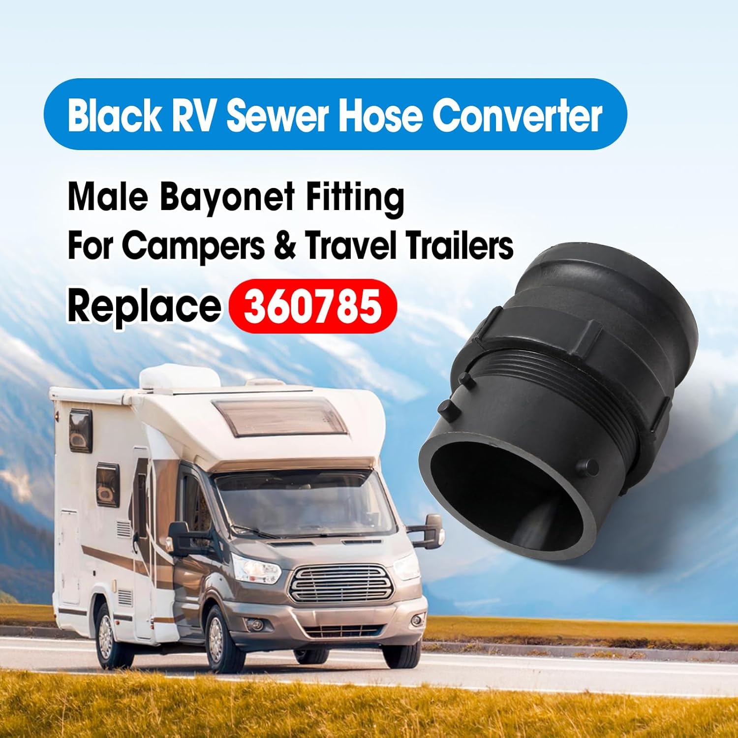 Black RV Sewer Hose Adapter Replace 360785, Male Bayonet Fitting for Easy Connection for Most Recreational Vehicles, Campers & Travel Trailers