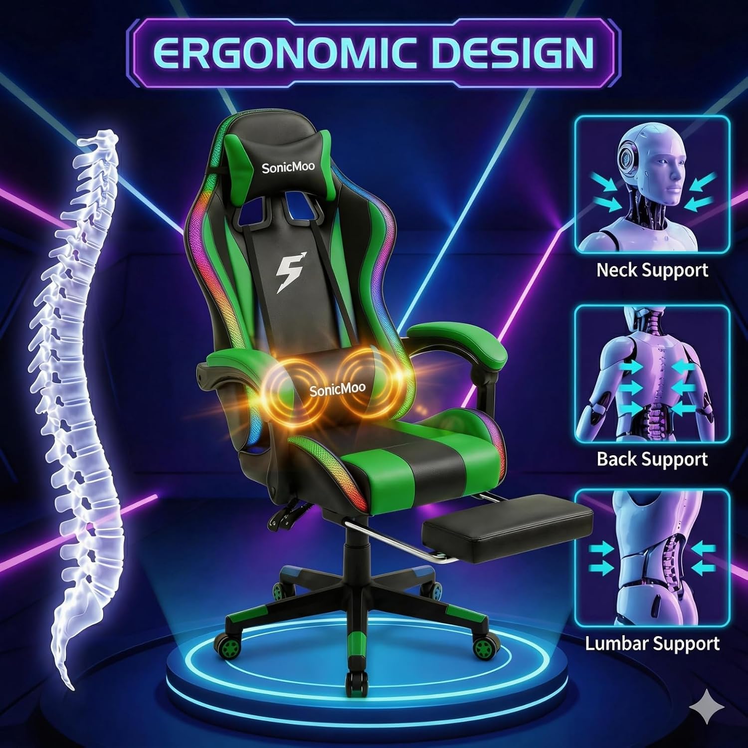 Gaming Chair with RGB LED Lights, Footrest, Lumbar Support & Headrest - High Back Reclining Swivel Computer Chair with Canopy (Green)