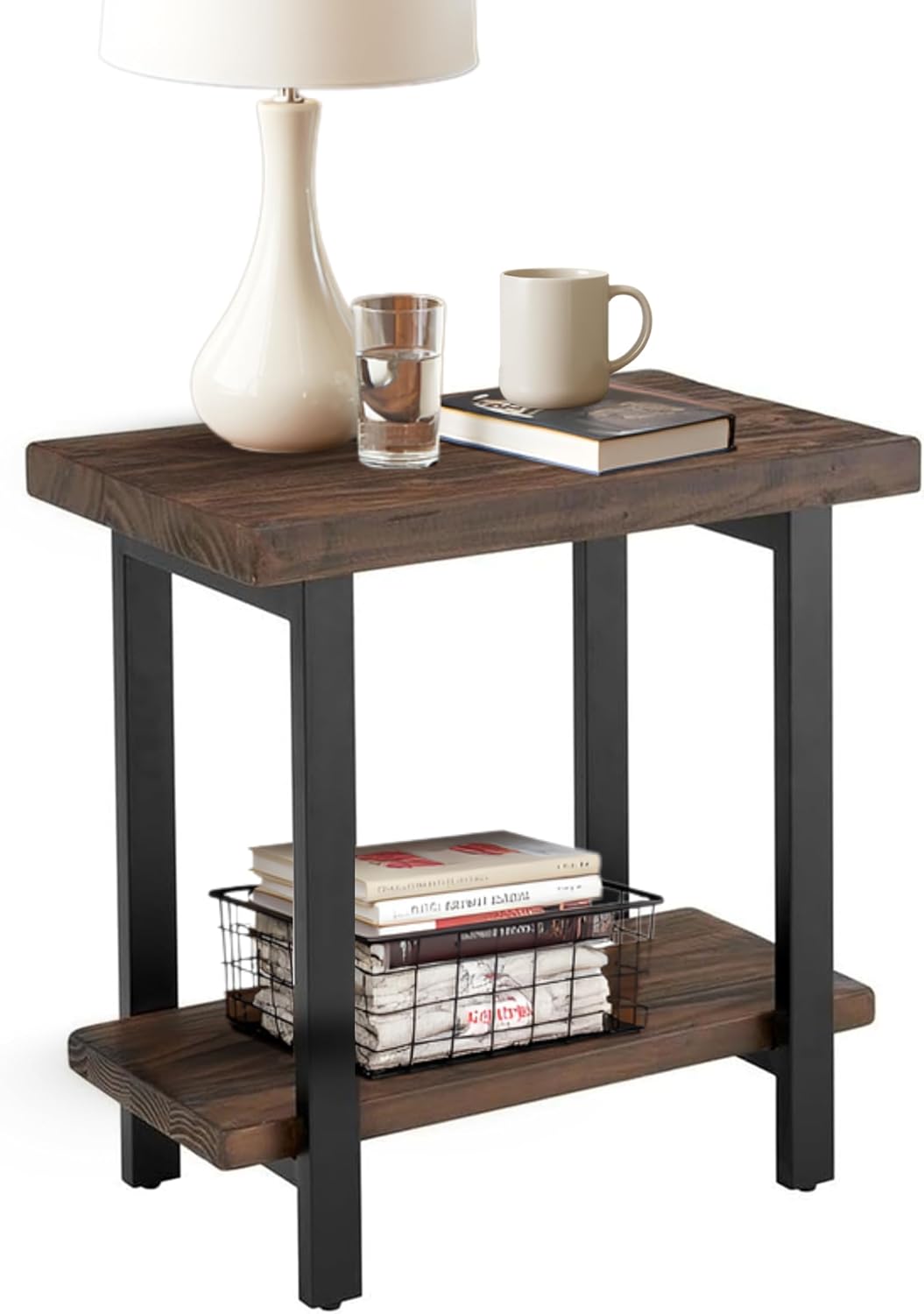 Pomona 27-Inch Wood End Table in Rustic Natural Finish with Metal Legs – 2-Tier Modern Farmhouse Side Table for Home Décor or Accent in Living Room, Bedroom, and Office by Alaterre Furniture