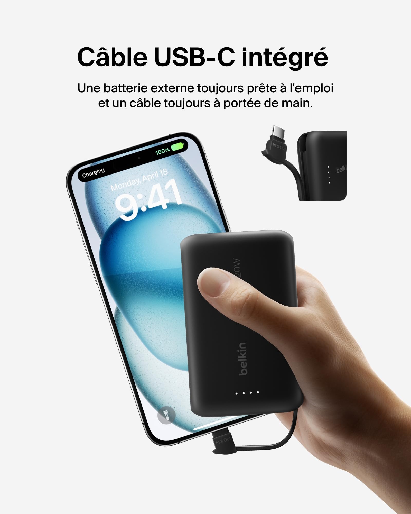 Belkin BoostCharge Batterie Externe 10 000 mAh Portable avec câble intégré (PD 20 W, Recharge Rapide USB-C Power Delivery, pour Tous Les modèles de l'iPhone 16/15, iPad Pro, Galaxy S24, etc.)