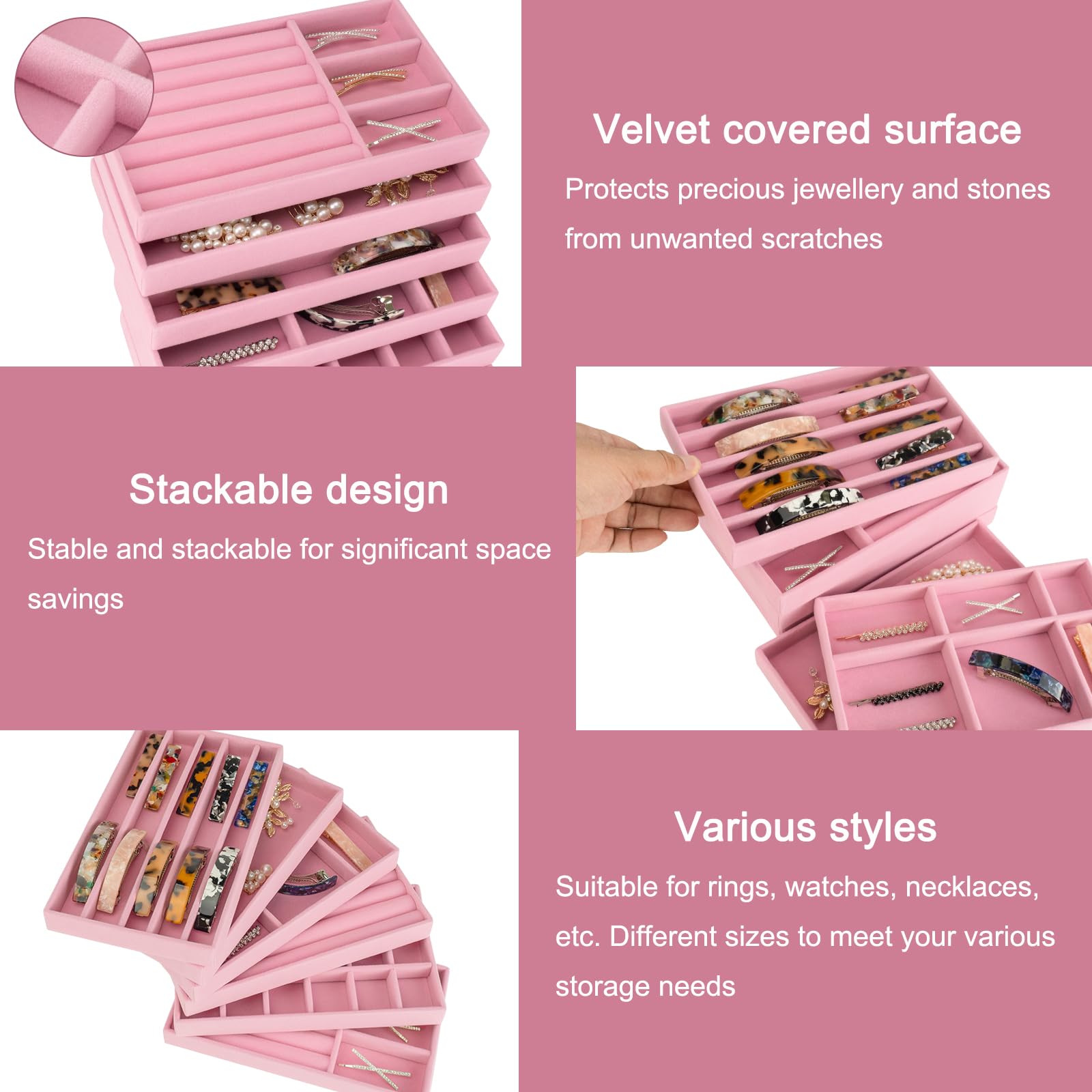 12 bandejas apilables de terciopelo para joyas, organizadores de cajones, bandeja grande extraíble para joyas, caja de almacenamiento para pendientes, anillos, broche, reloj