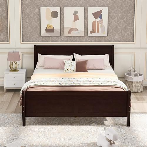 Miniatura 31 de TRIPLE TREE Base de cama de plataforma de madera tamaño Queen, base de colchón con cabecera y estribo para dormitorio, cama de trineo con soporte de