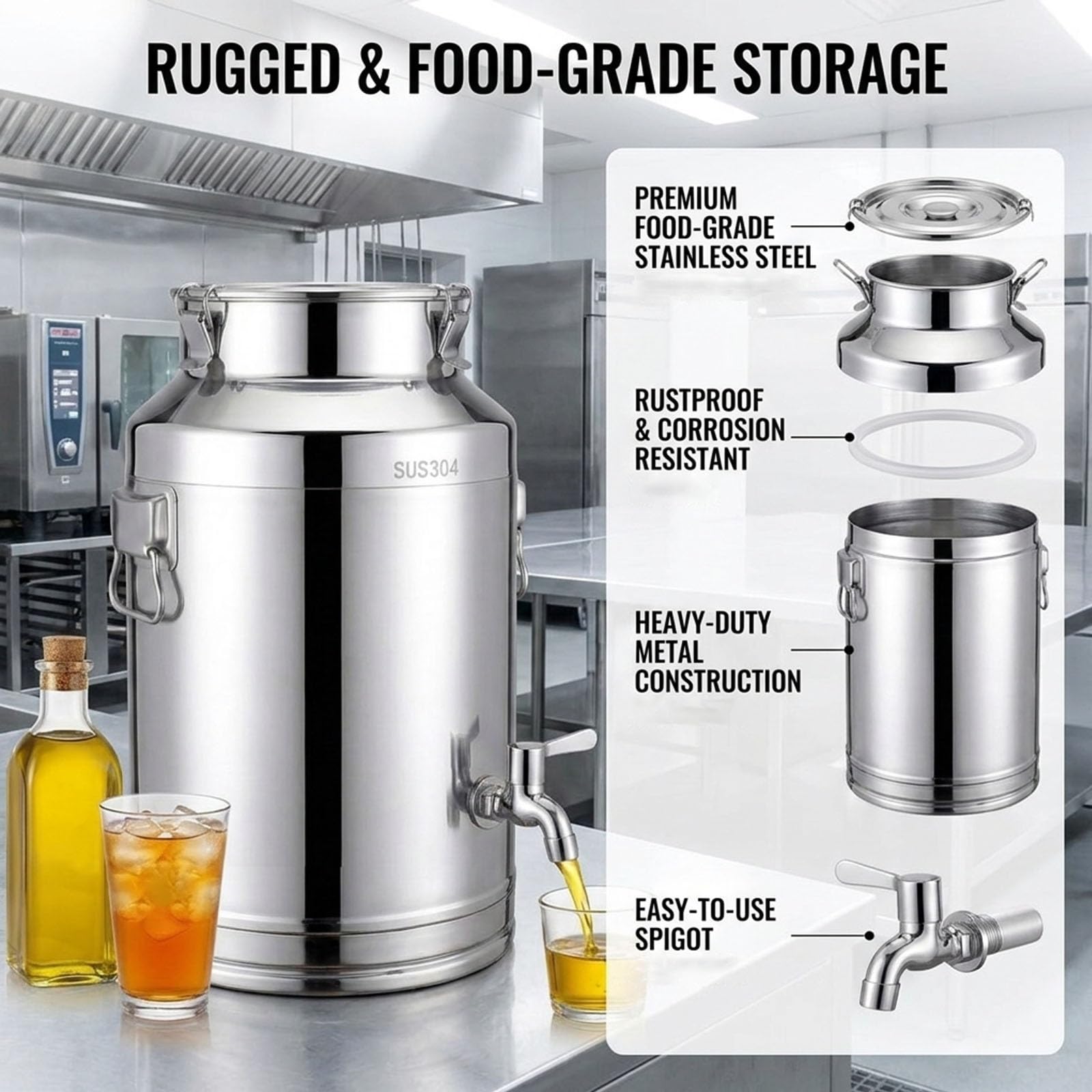 Bidon Alimentaire Inox avec Robinet, Jerrican Eau SUS304 pour Ferme