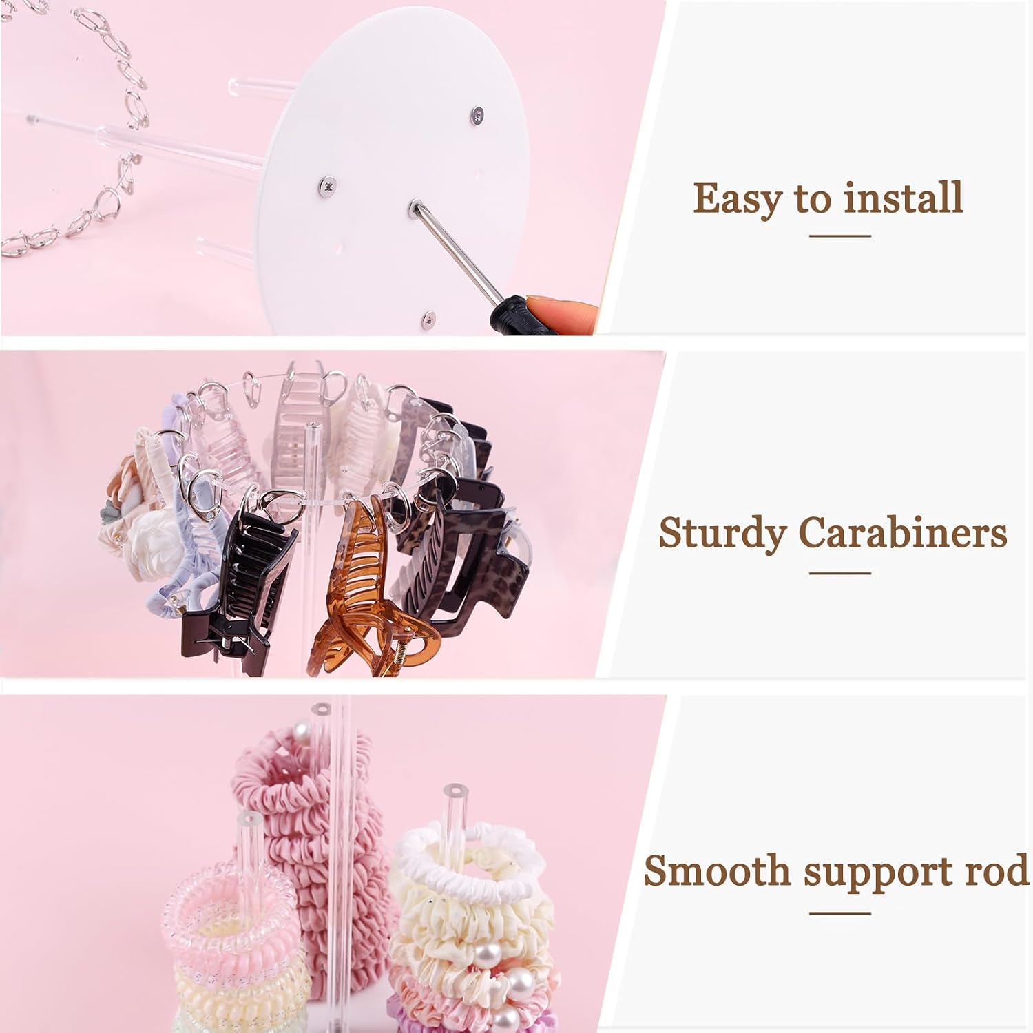 cherrboll 3-Tiers Scrunchie Holder Stand, Acrylic Hair Ties Claw Clips Organizer Hair Elastics Storage Hair Accessories Display for Girls Women Bedroom Dorm Bathroom