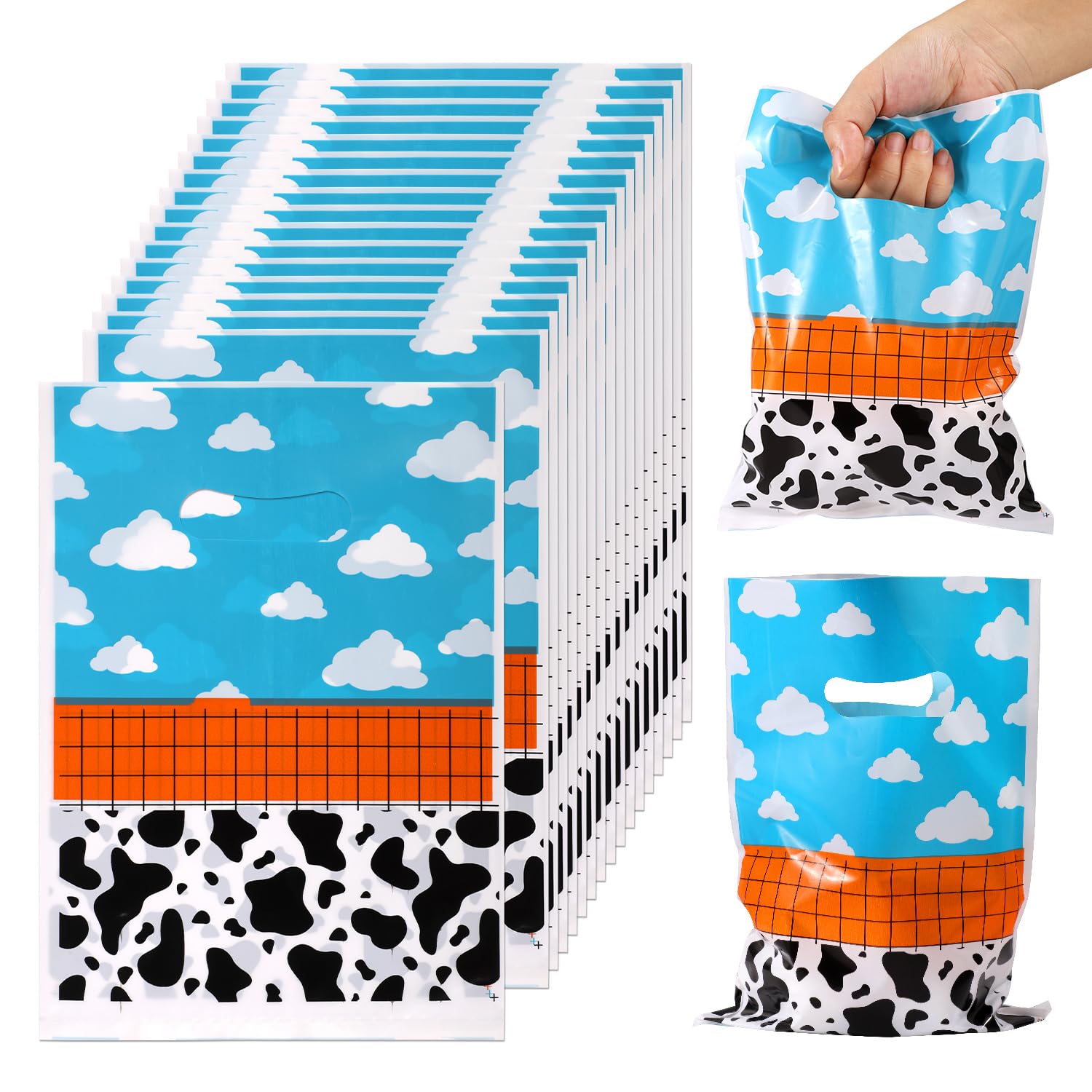 Gosknor 50pcs Cute Cartoon Story Gift Bag Blue Sky White Cloud Cow Pattern Candy with Handle Perfect Birthday Goodie Treat Bags Party Favor Supplies