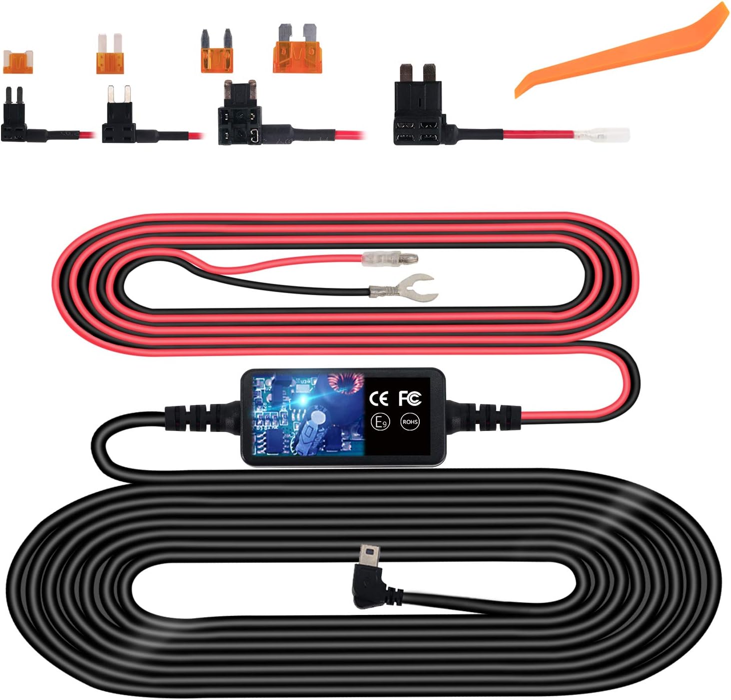 Dash Cam Hardwire Kit, Micro USB Hard Wire Kit for Dashcam, 12V-24V to 5V Car Dash Camera Charger Power Cord, Gift 4 Fuse Tap Cable and Installation Tool（11.5ft）