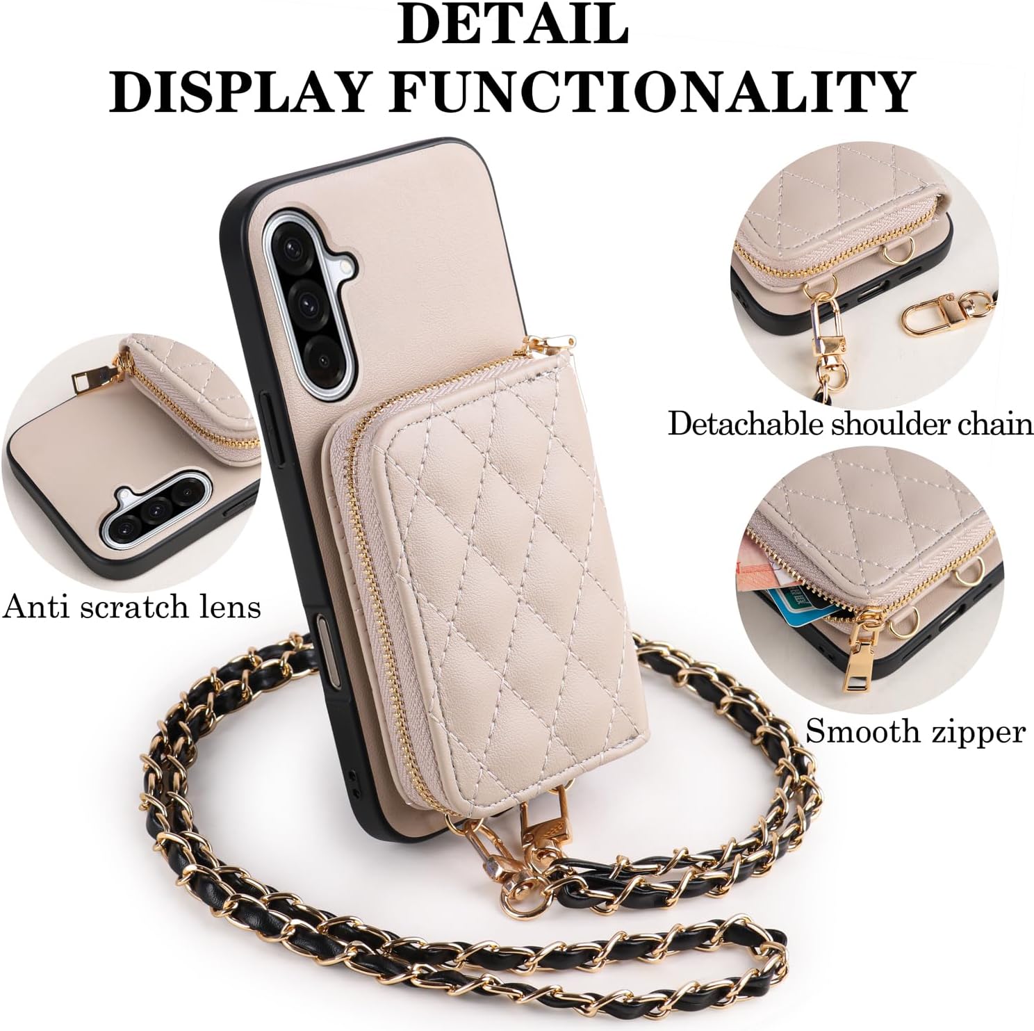 Argyle Wallet Cover for Samsung Galaxy A15 5G/4G & Tempered Glass Screen Protector Shoulder Strap, Luxury PU Leather Zipper Organ Card Holder Stand Phone Case for A 15 G5 15A Women Girls Khaki