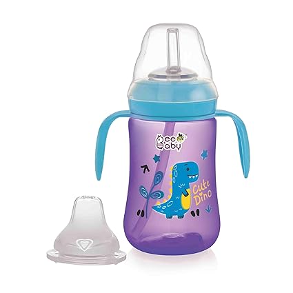 BEEBABY Dino 2 in 1 Spout & Straw Sippy Cup for Baby, Interchangeable Leak Proof, Anti-Spill, Easy to Hold Sipper for Toddlers. 100% BPA Free. (Violet, 240 ML)