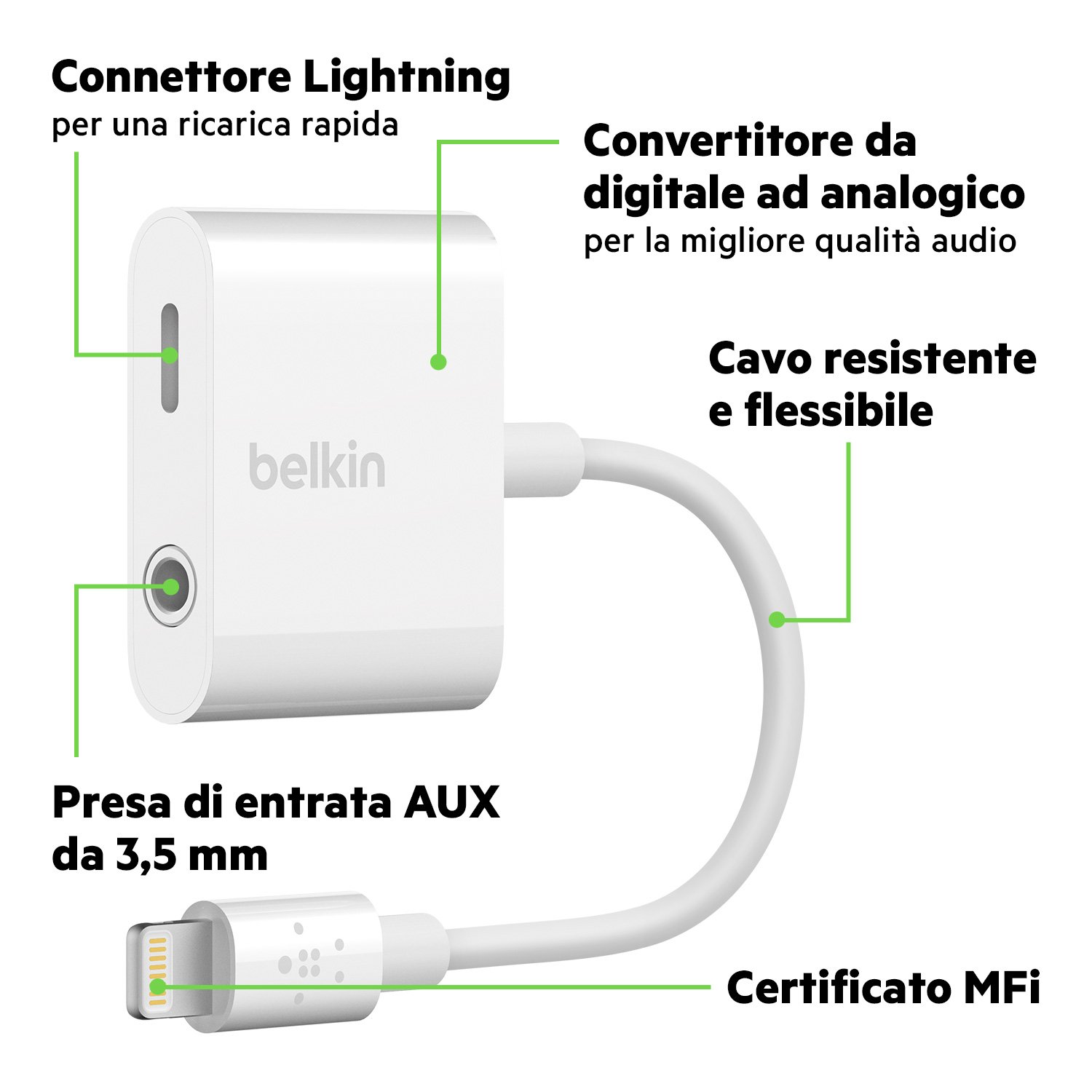 Belkin Audio+Charge Rockstar da 3,5 mm (adattatore Aux per iPhone/adattatore di ricarica per iPhone), bianco
