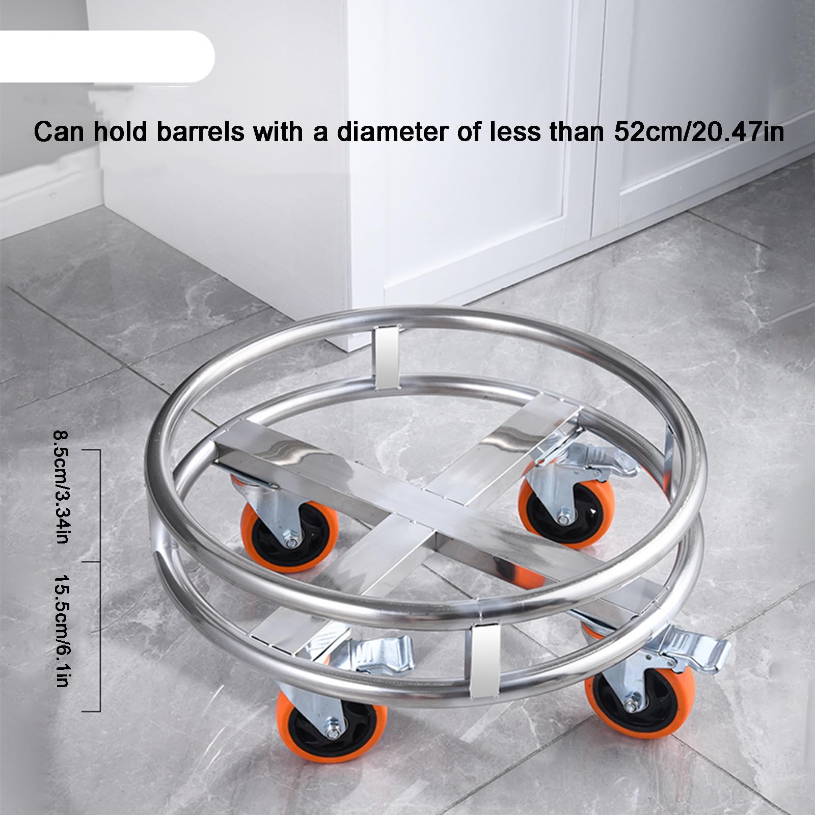 Estante rodante resistente con ruedas para transportar barriles y cubos, fabricado en acero inoxidable, ideal para almacenamiento en cocina y garaje, color plata. Diámetro: 52 cm/20,47 pulgadas.