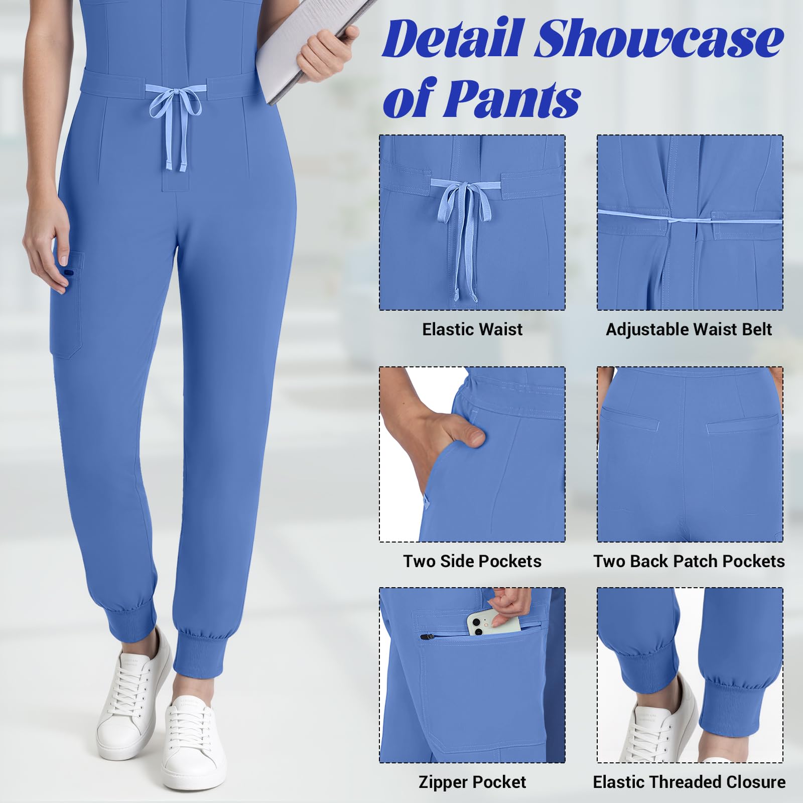 Tuta da donna chirurgica medica, uniforme medica con colletto rialzato e design senza maniche, 8 tasche funzionali, pagliaccetto per professionisti medici