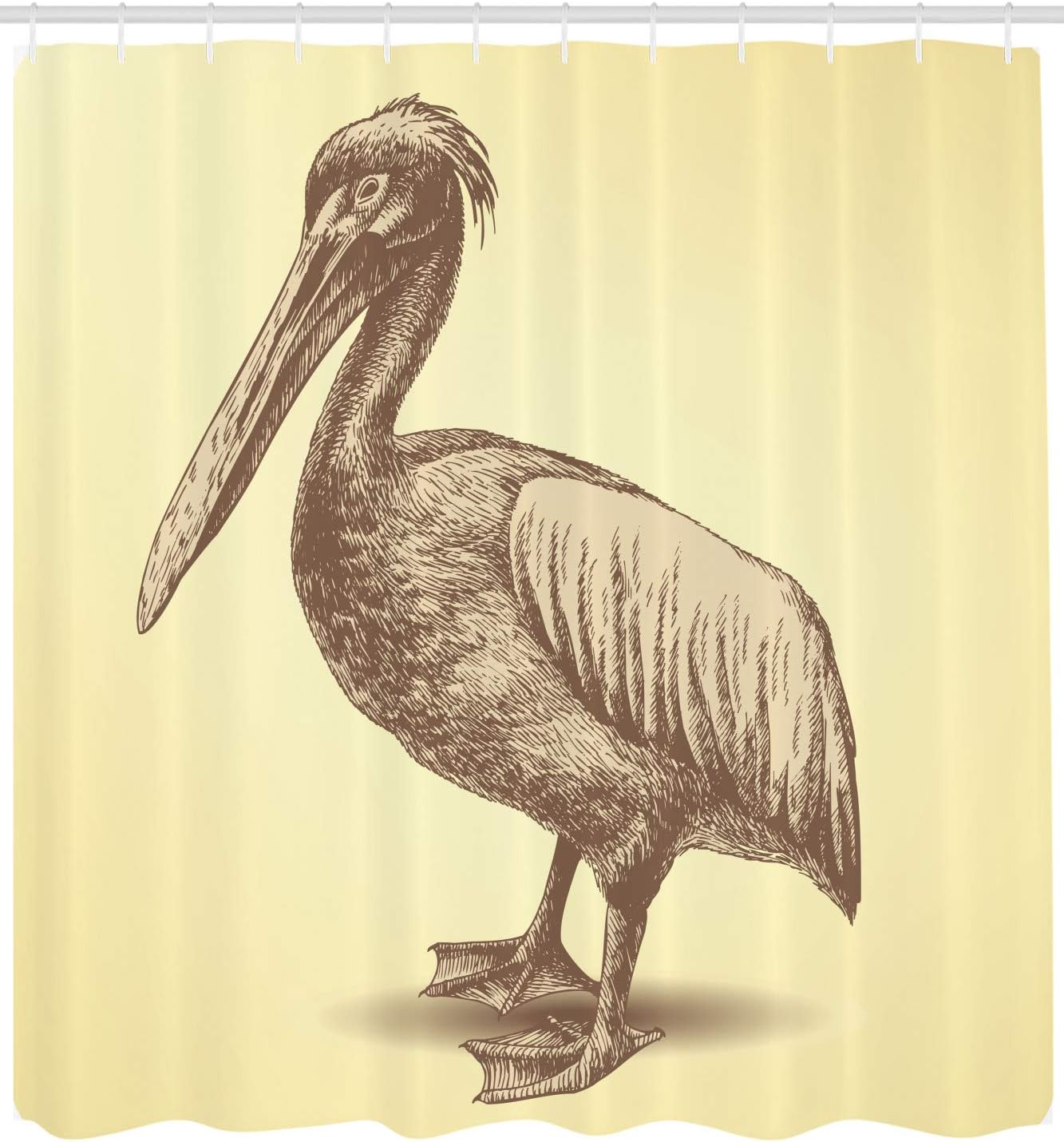 Ambesonne Vintage Yellow Shower Curtain, Hand Sketch Style Pelican Bird Wildlife Inspired Animal Art, Cloth Fabric Bathroom Decor Set with Hooks, 69" W x 84" L, Pale Yellow and Brown