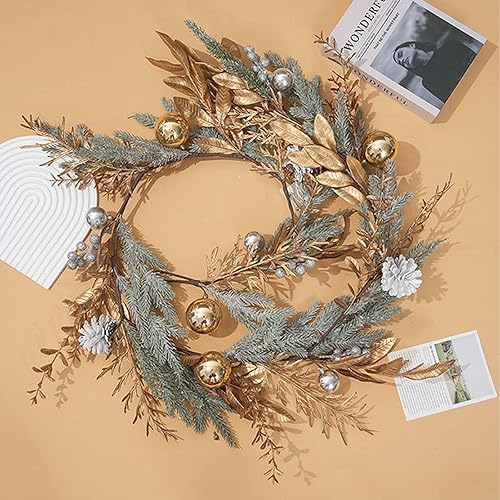 Miniatura 2 de Coronas de Navidad para puerta delantera, corona de Navidad dorada de 17.7 pulgadas con bolas doradas de piña, ramas y bayas para chimenea, ventana,