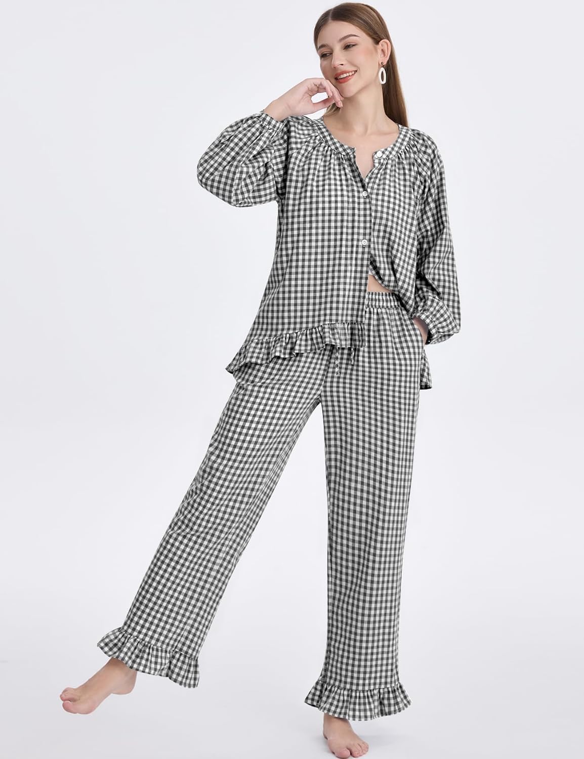 COZYPOIN Womens Plaid 2 Piece Pajamas Sets Cotton Gingham Puff Long Sleeve Cute Shirt Ruffle Pants Y2K Pjs Lounge Set - Image 2