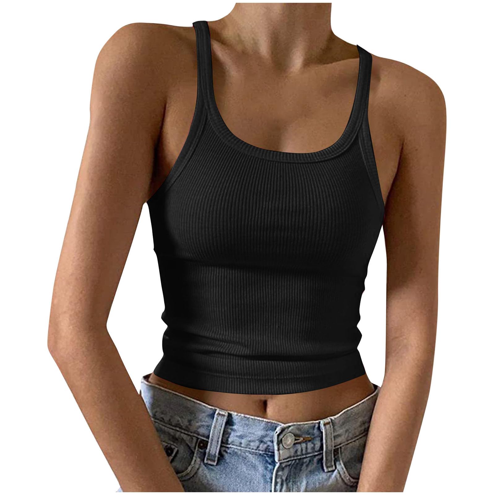 Womens Sleeveless Tank Top Slim Fit Scoop Neck Ribbed Knit Basic Cami Shirts Yoga Workout Crop Tops Summer