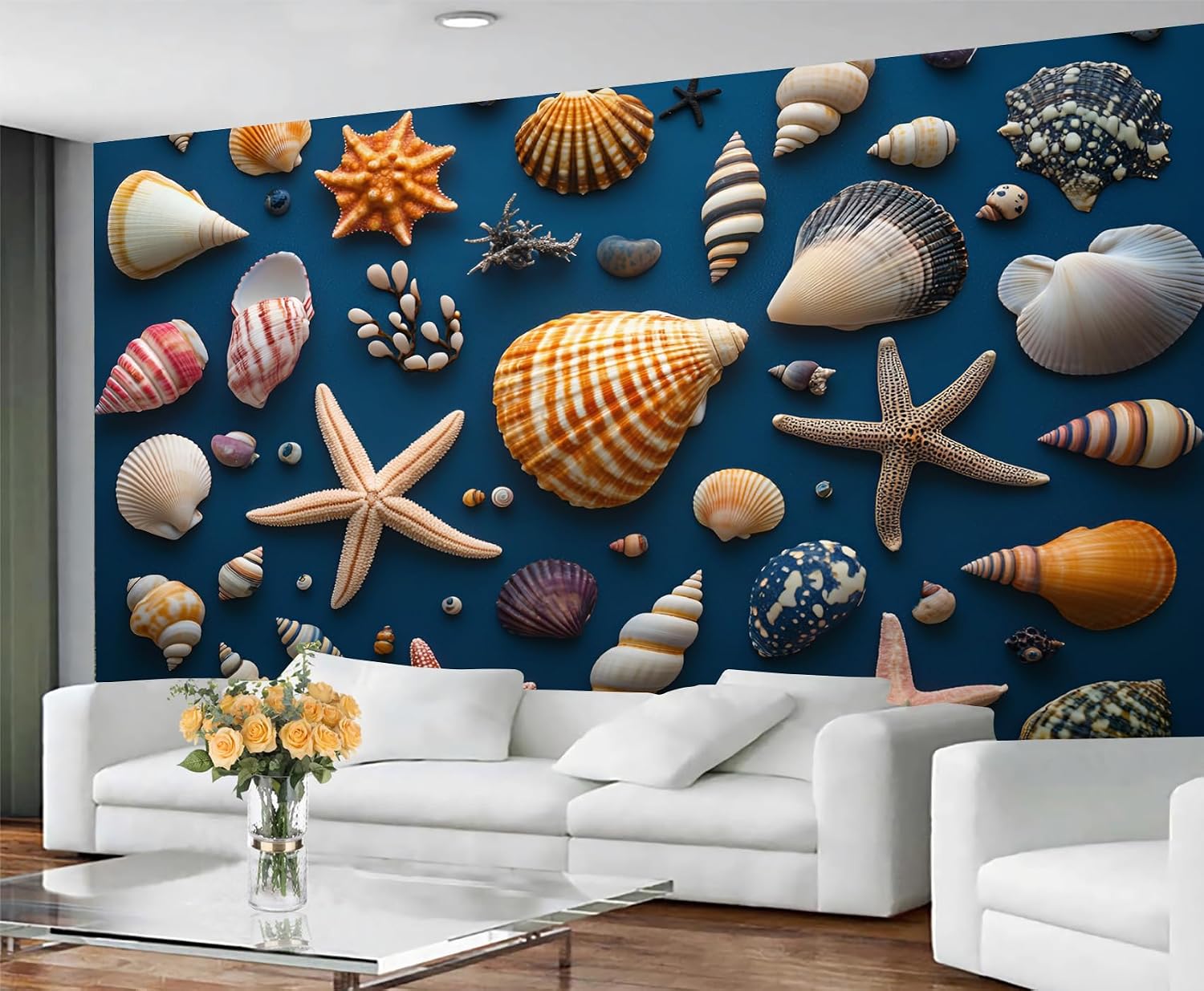 Starfish Shell Wallpaper, Marine Life Removable Wallpaper, Underwater World Wall Murals for Bedroom Living Room Kids Room Background Decor 98" x 78" (Not Peel and Stick)