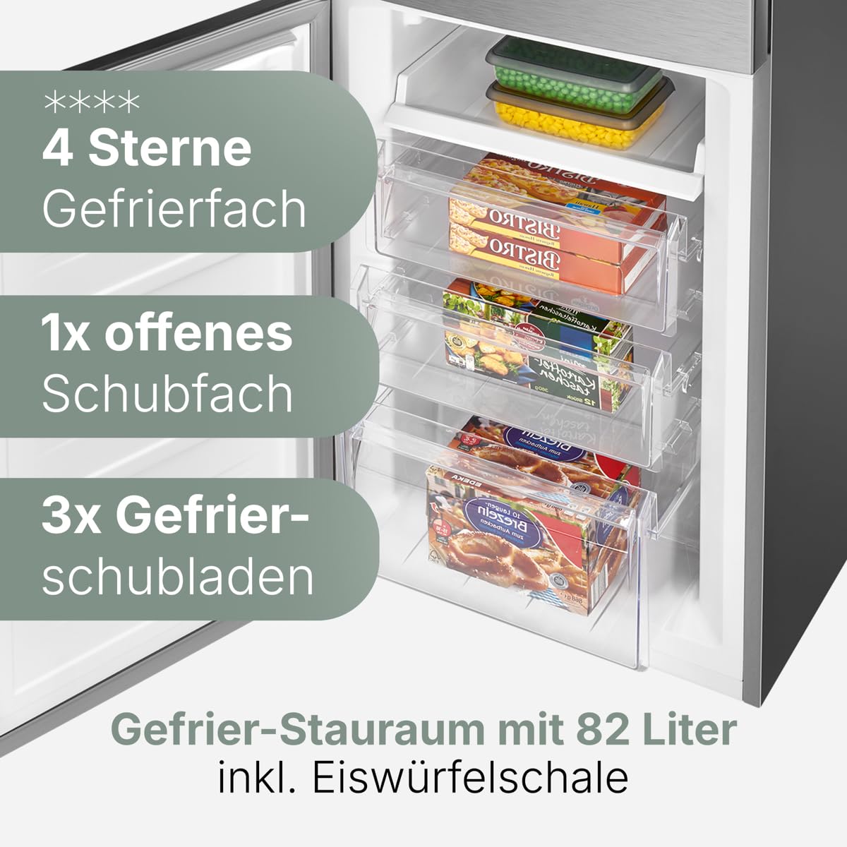 Bomann Kühlschrank mit Gefrierfach | Energieklasse D | 181cm | No Frost | leise 39 dB | Kühl Gefrierkombination No-Frost | 4 Ablagen & 3 Schubladen | 247L Kühlgefrierkombi | KG 7360 inox