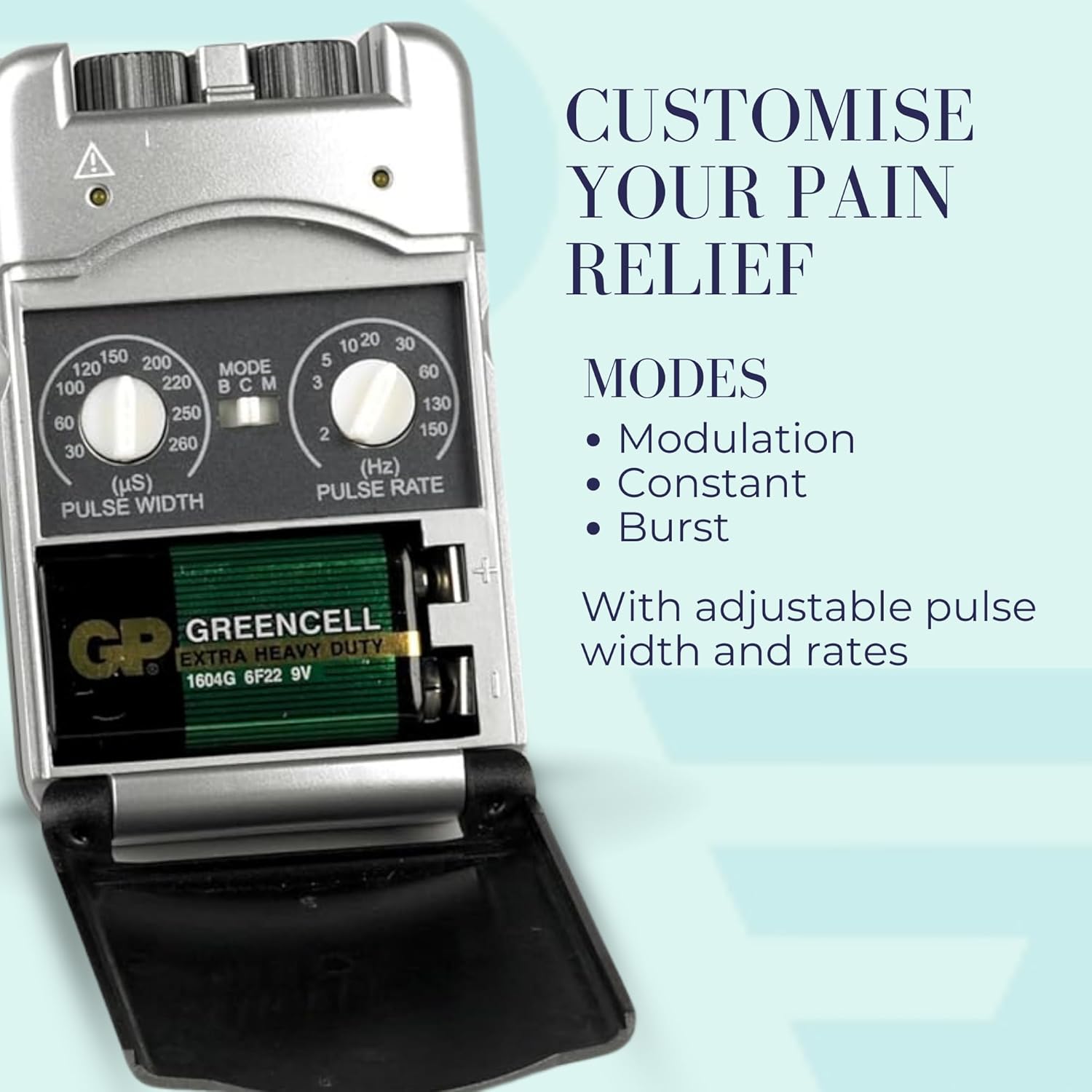 Depan view of the TPN 200 Plus TENS unit showing the control dials and electrode ports.