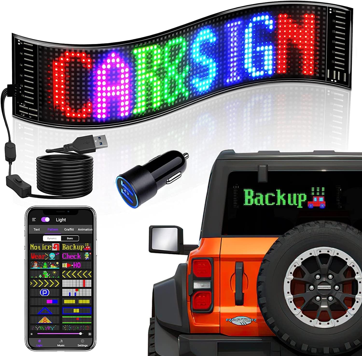 THE WHITE SHOP LED Car Sign Bluetooth APP Control RGB Display DIY Design Animation Extra Long USB Flexible Board Design for Car Bar Party Festival (14.6 "x 3.6")