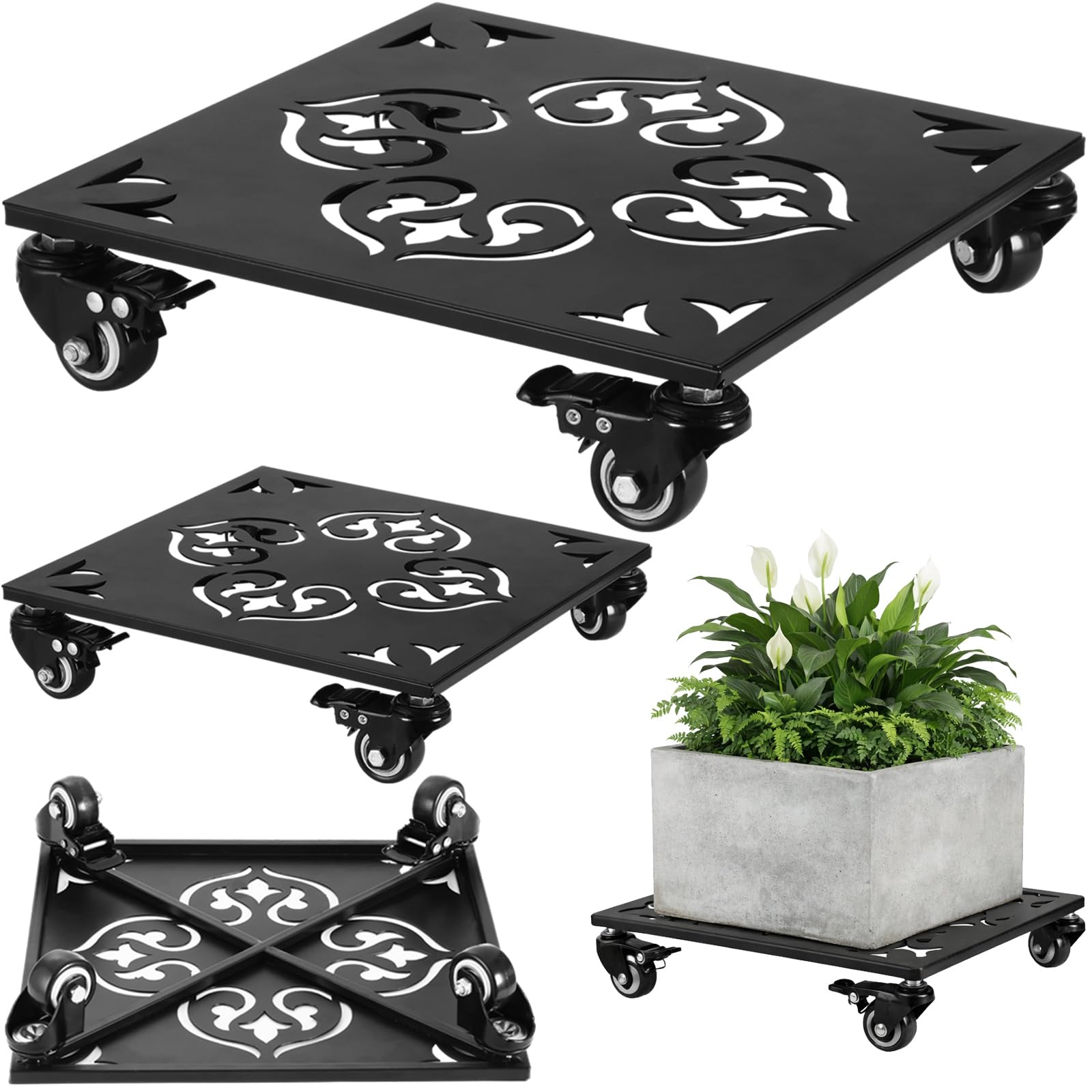 2-Pack 12 Inch Large Square Metal Plant Caddy with Wheels Heavy-duty Rolling Plant Stands with Casters Wheeled Flower Pot Mover Rollers Rust-proof Iron Planter Dolly Coasters Indoor Outdoor Use