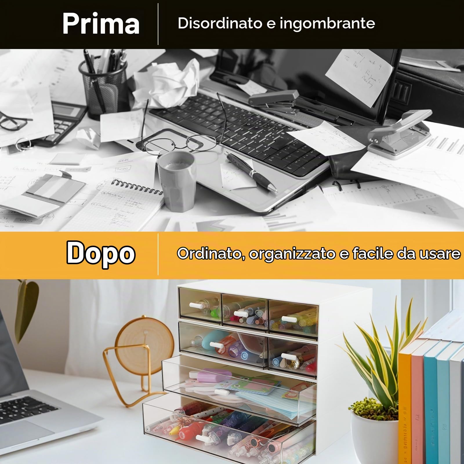 Organizer da scrivania a 4 ripiani con 7 cassetti, impilabile da scrivania con 20 imbottiture antiscivolo, organizer per trucchi per cancelleria e conservazione a casa