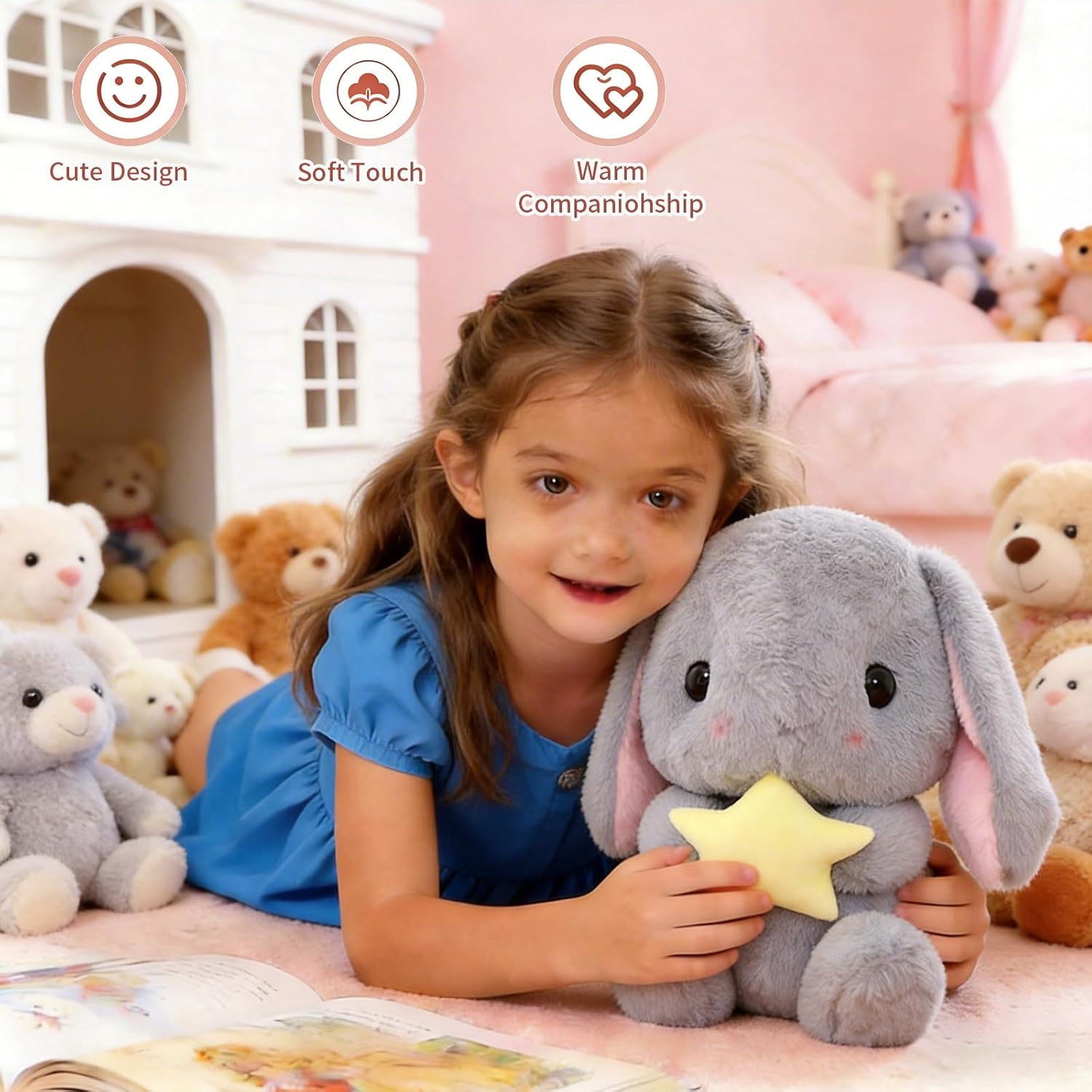 HOUPU Soft Toy - Sitting Lop Eared Rabbit, Easter White Rabbit Stuffed Bunny Animal with Carrot Soft Lovely Realistic Long-Eared Standing Pink Plush Toys (Gray-Star,16.9in/43cm)