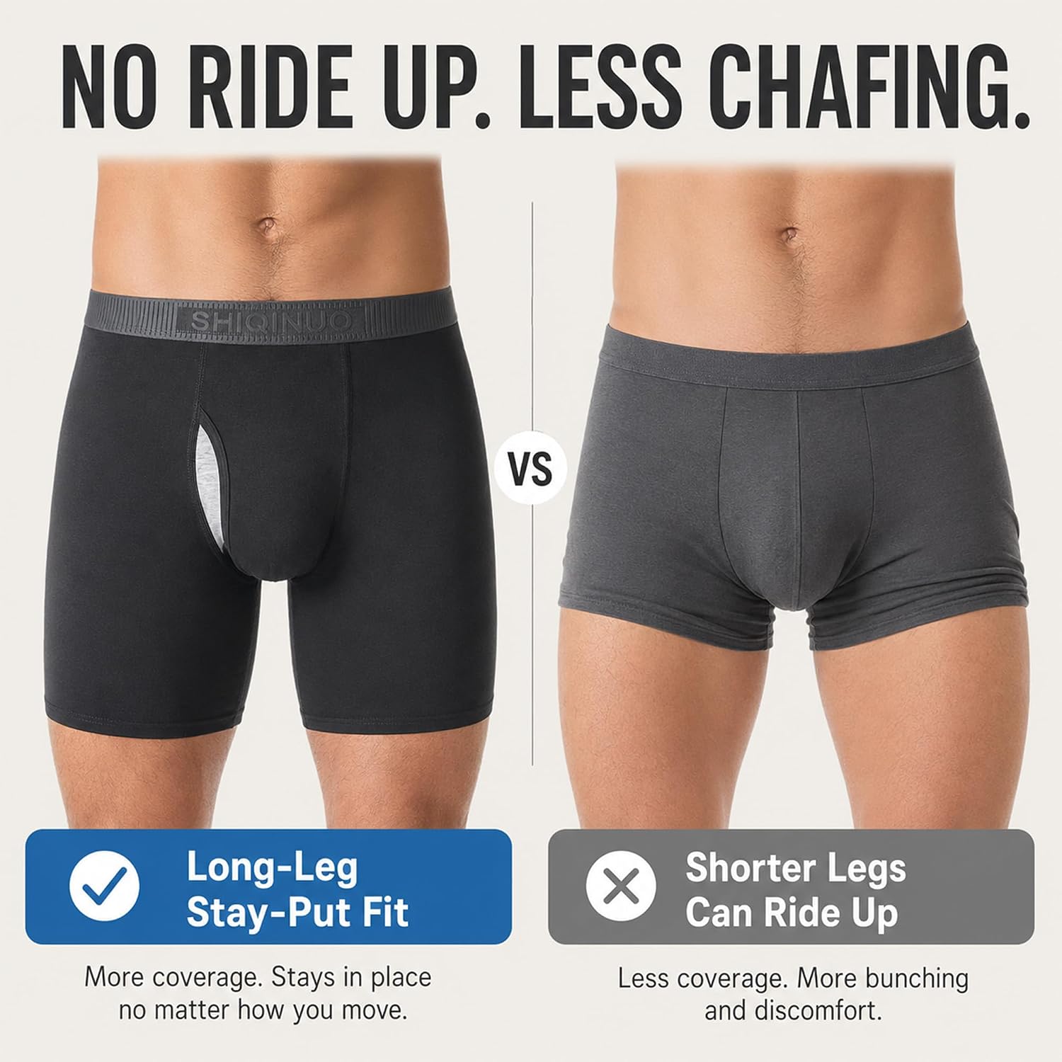 Men's Cotton Boxer Briefs 4 Pack, Long Leg Anti Chafing Open Fly
