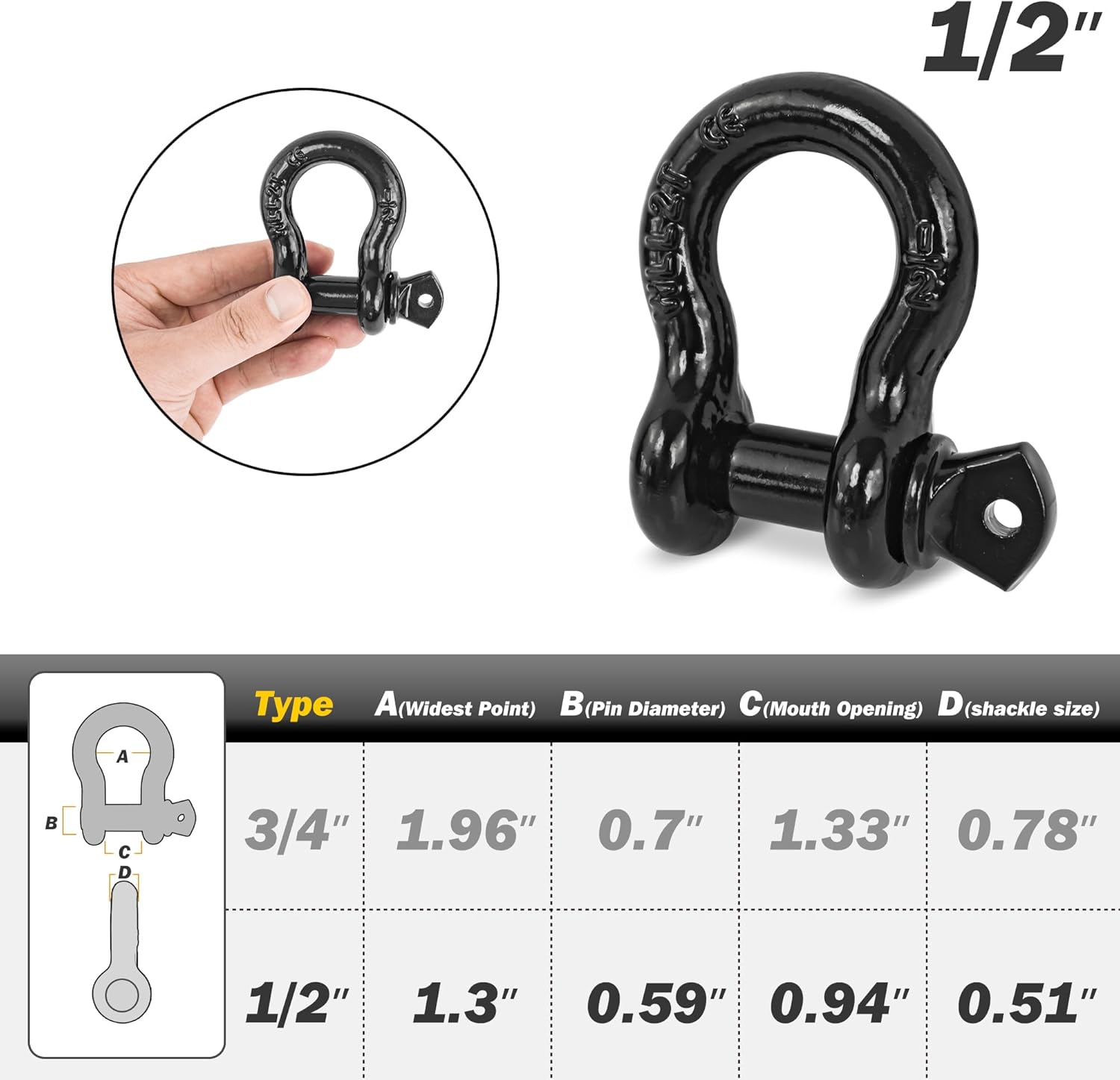 D Ring Shackle, 1/2" Clevis Shackle with 9/16 Inch Screw Pin, 26,400 lbs Break Strength, Heavy Duty Recovery Winch Shackle Black for Jeep Truck SUV Trailer ATV UTV - Image 5