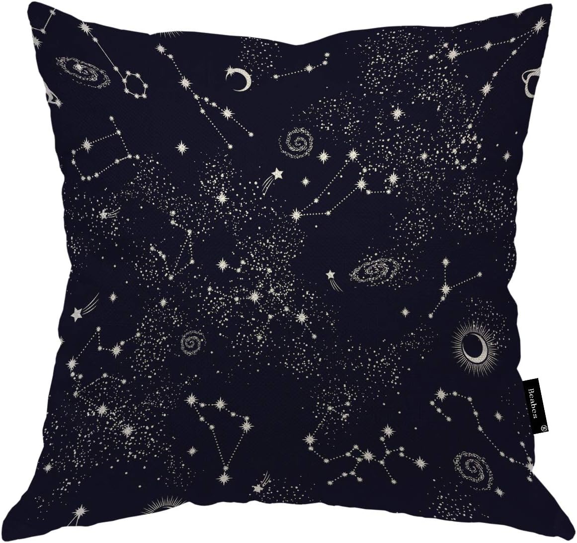 Space Galaxy Constellation Throw Pillow Case Black Blue Sky Zodiac Star Galaxy Cosmos Design Soft Square Cushion Case for Men Women Boys Girls Home Decor Cotton Linen 16x16 Inch