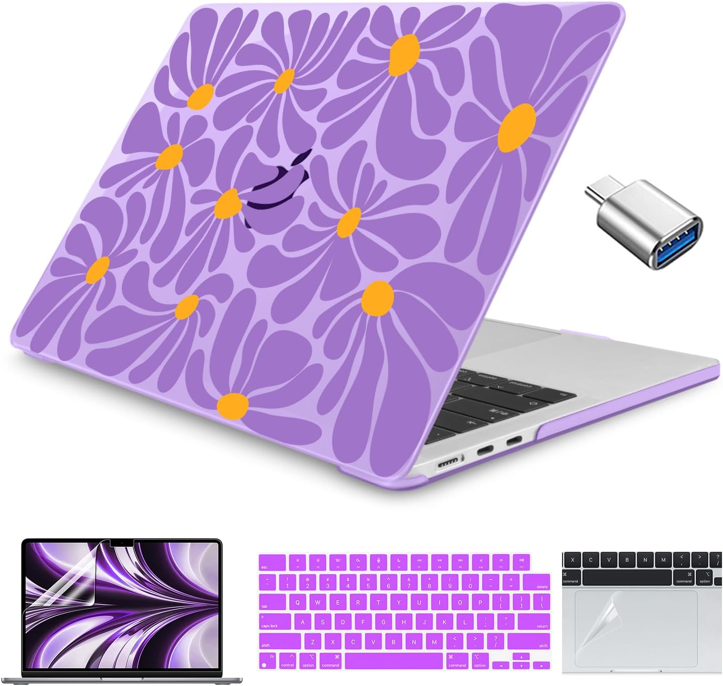 Teryeefi for MacBook Air 13 inch Case 2025-2022 Release M4 M3 M2 Chip Fit Model A3240/A3113/A2681, PC Protective Case with Keyboard Cover Trackpad Film, Purple Flowers 134
