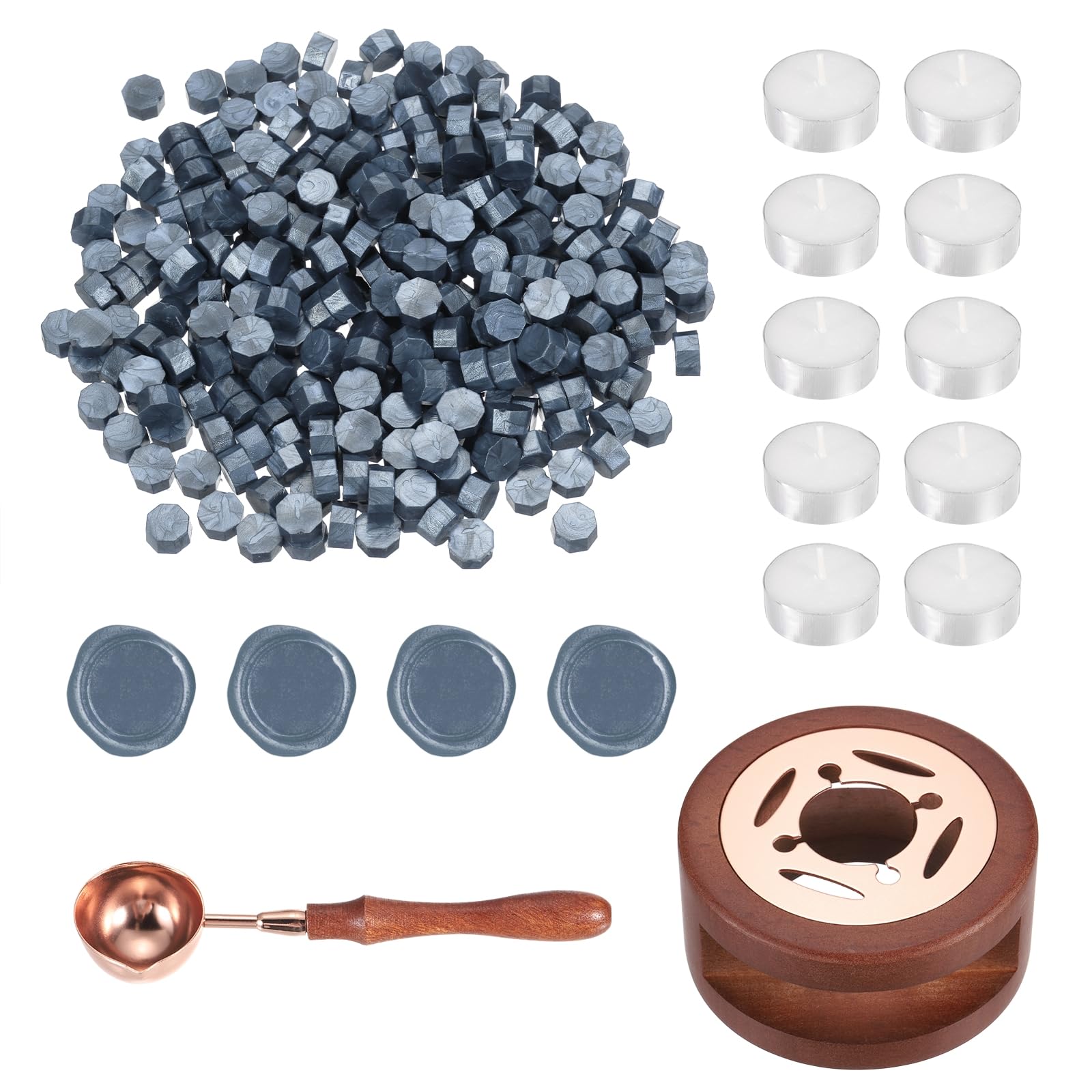 PATIKIL Wax Seal Kit, 300 Pcs Wax Sealing Beads, Wooden Warmer, Melted Spoon, 10 Pcs Tealight Candles for Envelope Letter Mailing Crafts DIY, Gray Blue