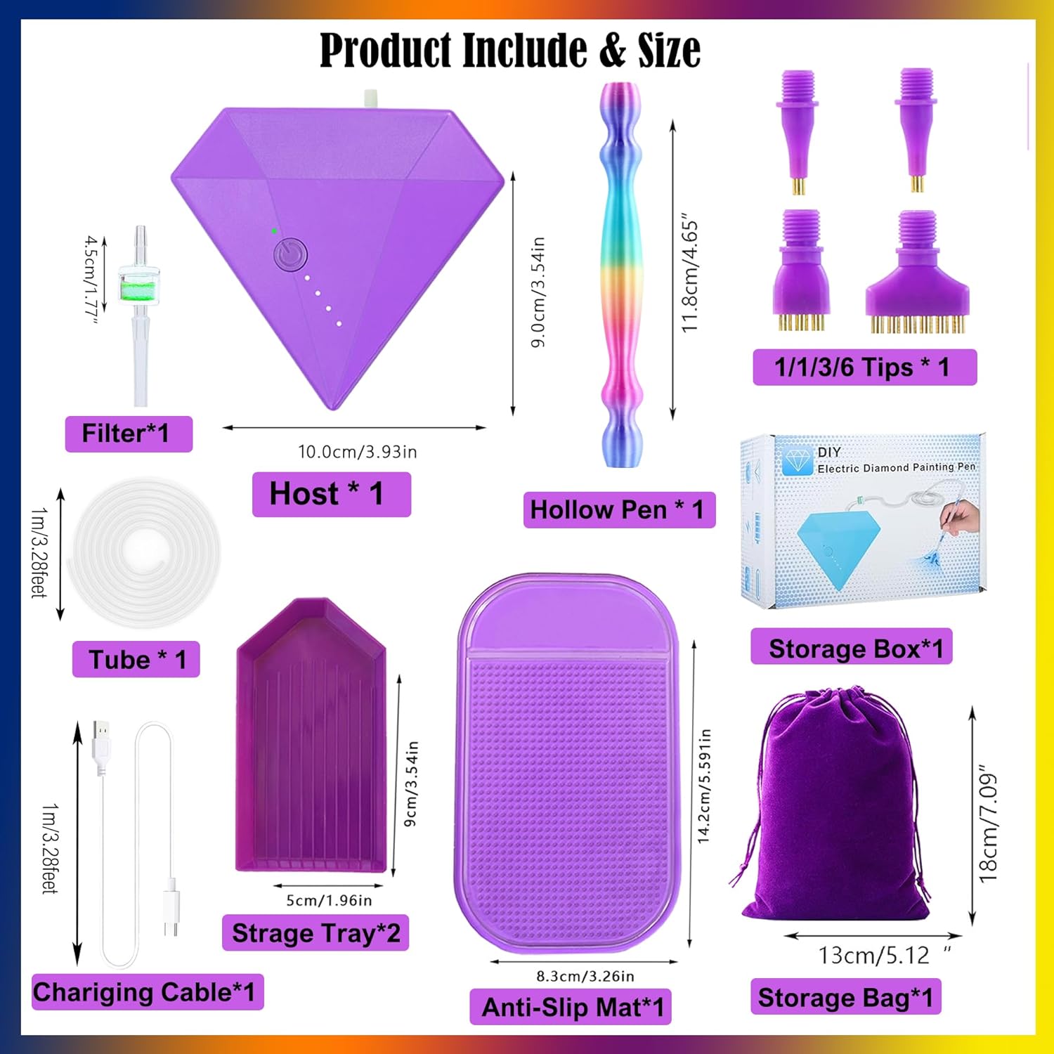 Electric Diamond Painting Pen, Rechargeable Vacuum Diamond Art Pen, Cordless, Adjustable Suction Level, Diamond Art Accessories with Multiplacers(1/3/6 Head) & Diamond Art Tray (Purple)
