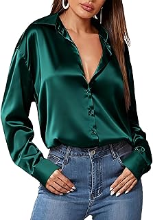 Camisa de seda satinada con botones para mujer, manga larga, cuello en V, holgada, elegante, casual, para negocios, trabajo, túnica de otoño