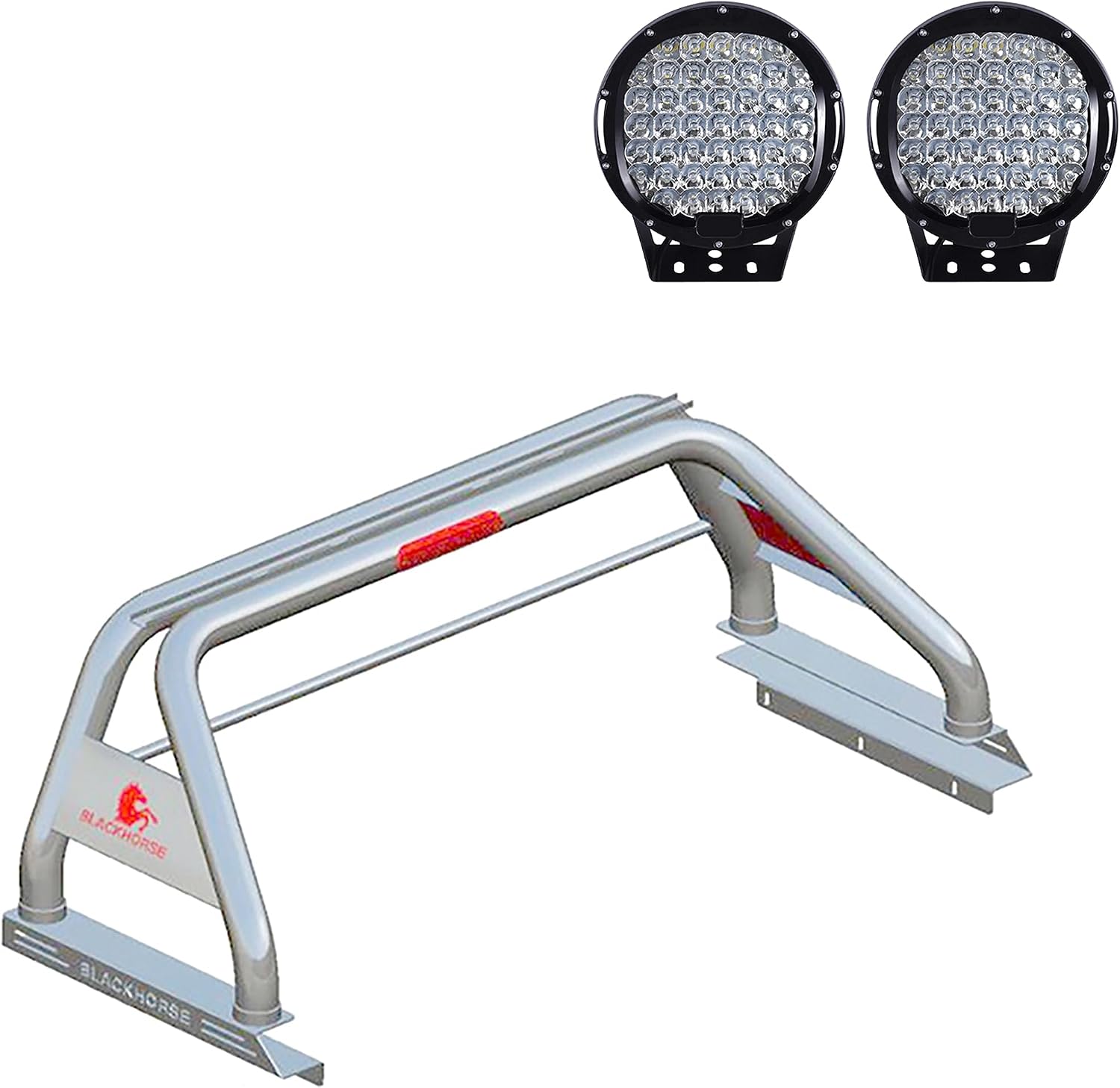 Black Horse Classic Roll Bar Incl.Set of 9 Black Round LED Light Stainless Steel Compatible with 2020-2026 Jeep Gladiator-RB09SS-PL69B