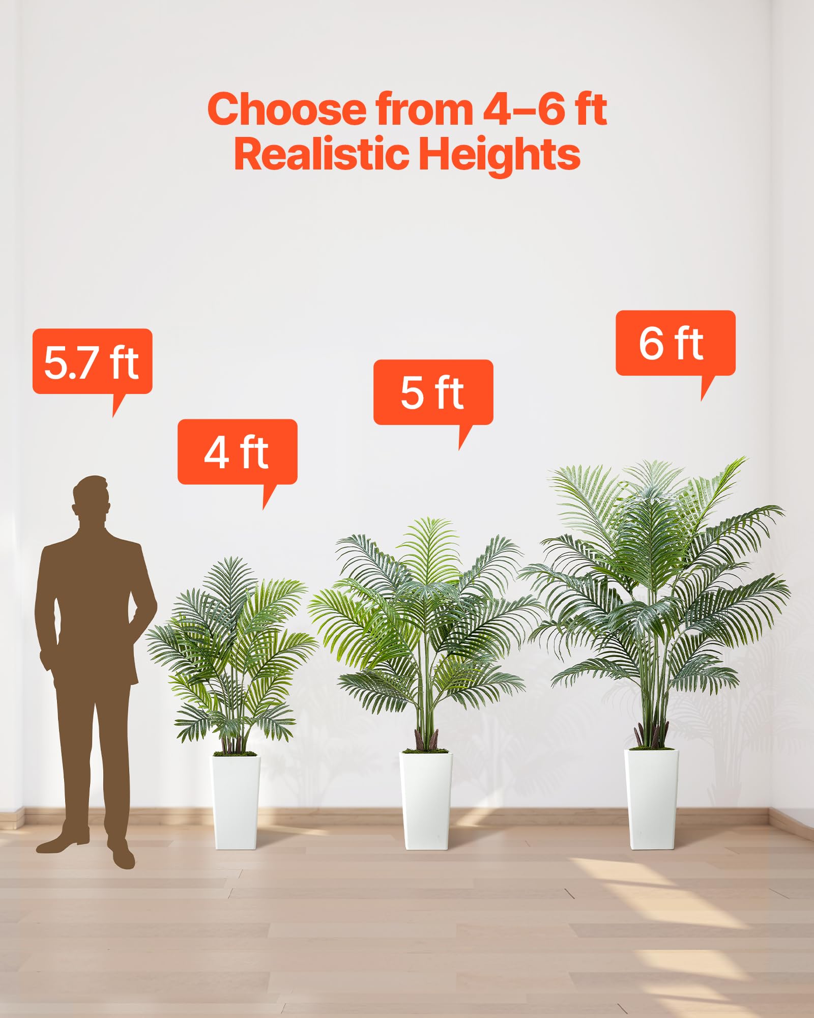 VEVOR Palma Areca Artificiale 1219 mm, Confezione da 2, Pianta Tropicale Finta con Fioriera Bianca Alta, Pianta Finta in Seta da Pavimento in Vaso, Grandi Alberi per Casa, Ufficio, Interno ed Esterno