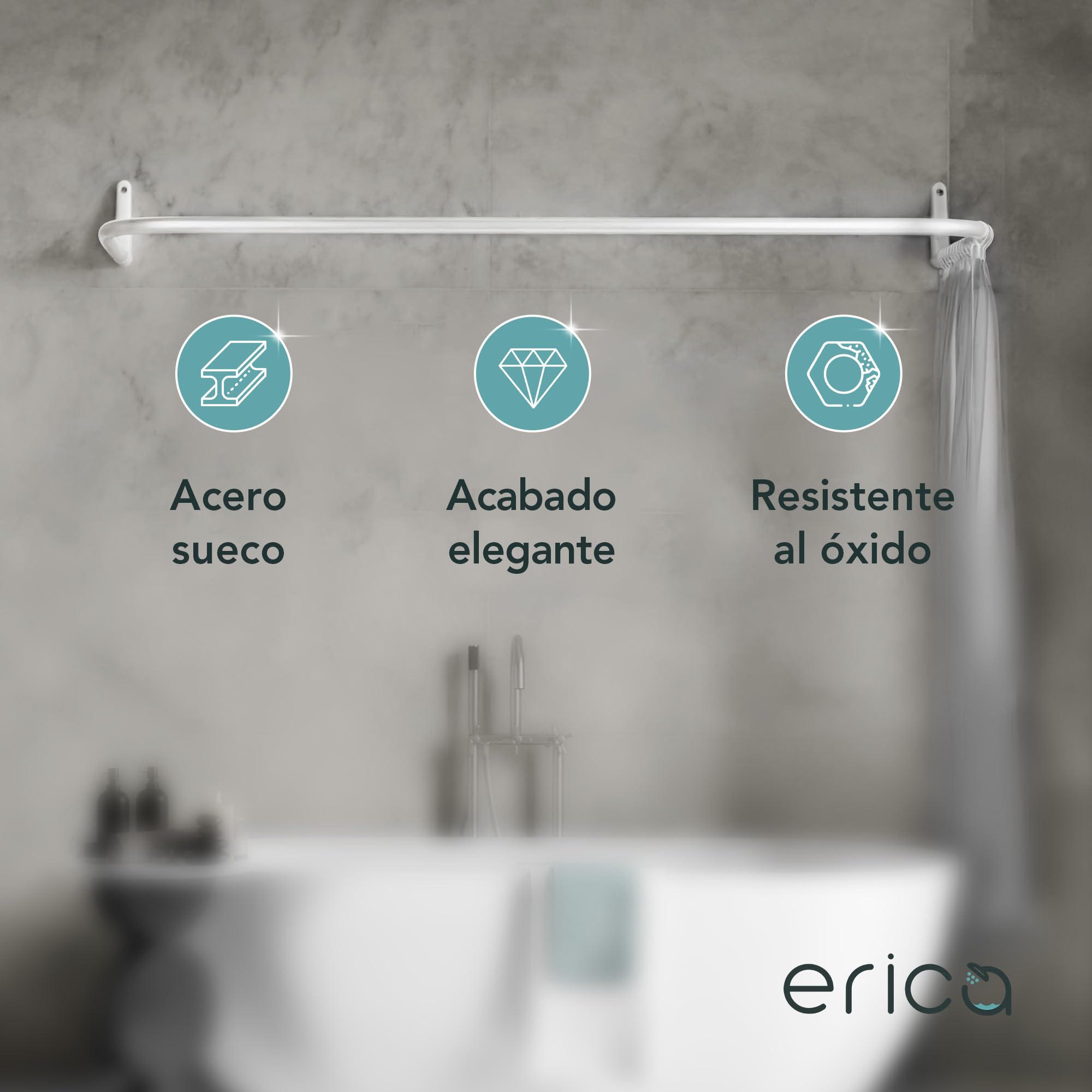 Erica Barra para Cortina de Ducha en Forma de U de 70x165x70cm, Barra para Cortina de Baño para Bañera sin Soporte en el Techo, Recubierta de Plástico sin PVC, Inoxidable (Blanco)