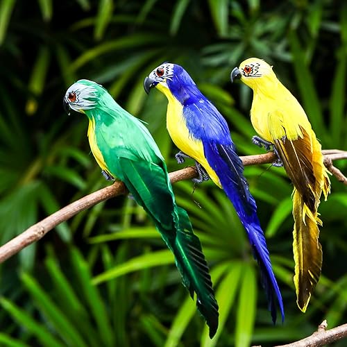 Miniatura 8 de Threan Paquete de 5 figuras de loro artificiales con plumas de pájaros artificiales para manualidades, decoración moderna de verano, jardín de