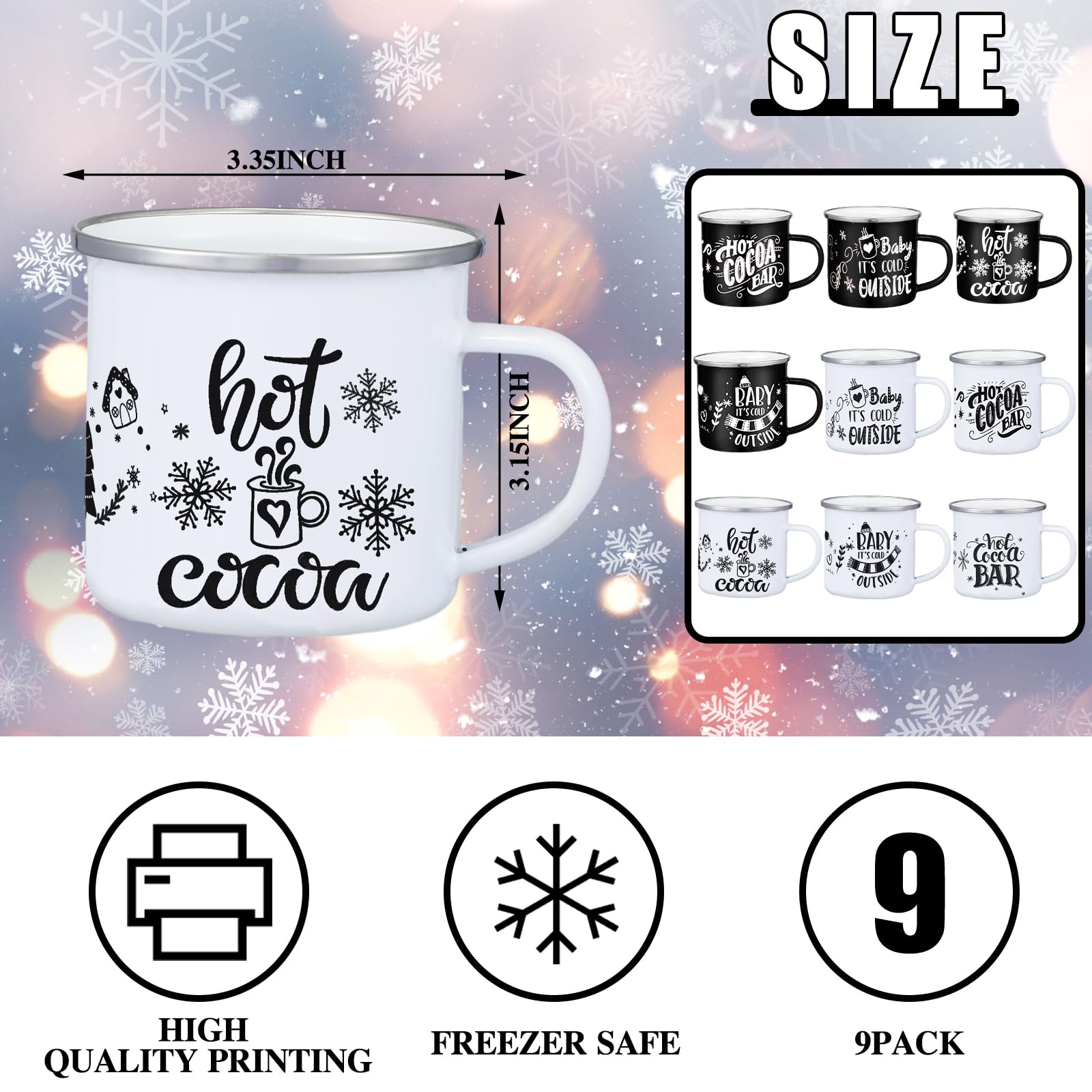 Yaomiao 9 Stück heiße Kakaobar-Emaille-Tassen mit Griffen, Weihnachts-Kaffeetassen, 340 ml, saisonale Emaille, lustige weiße und rote Teetassen für Weihnachten (gemischter Stil)