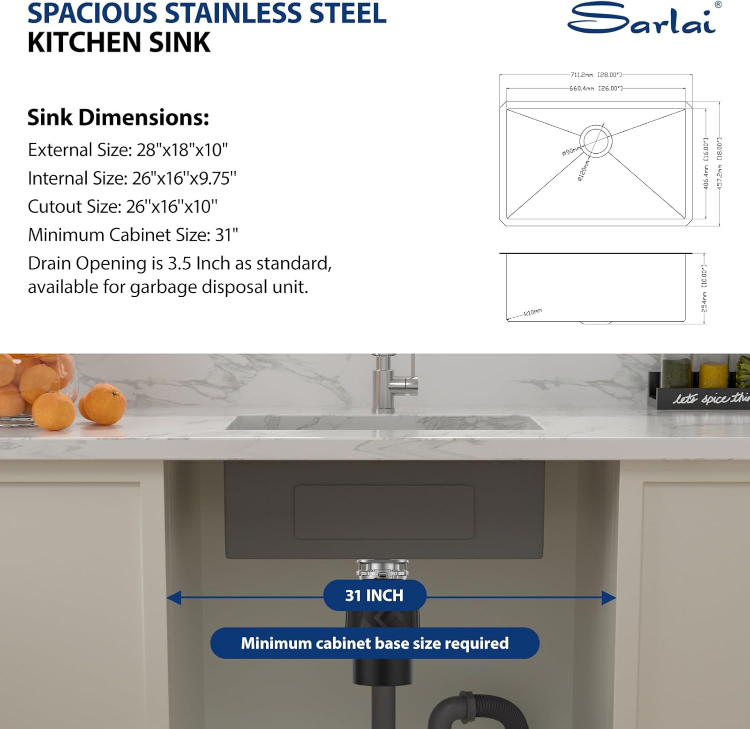 Sarlai 28 Inch Undermount Kitchen Sink - 28" x 18" Undermount Sink Single Bowl Stainless Steel 16 Gauge Kitchen Sink Under Counter Round Corner Basin