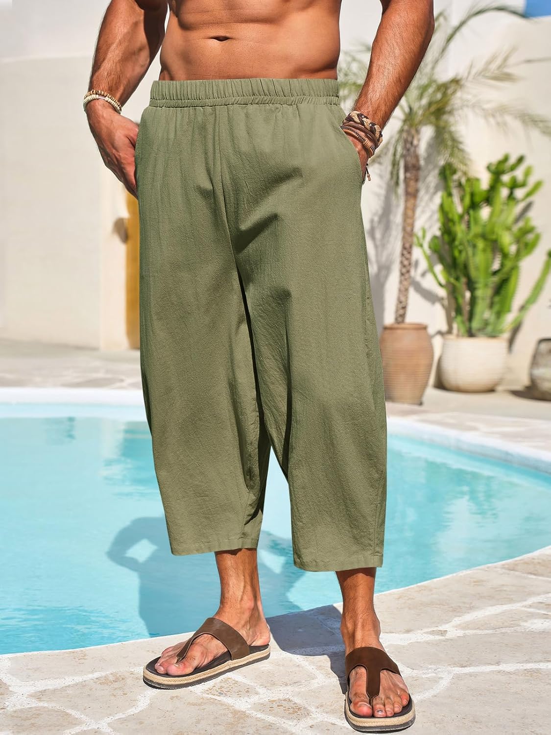 Runcati Mens Cotton Harem Capri Pants Yoga Beach Baggy 3/4 Shorts Pants Casual Elastic Waist Hippie Boho Pants - Image 2