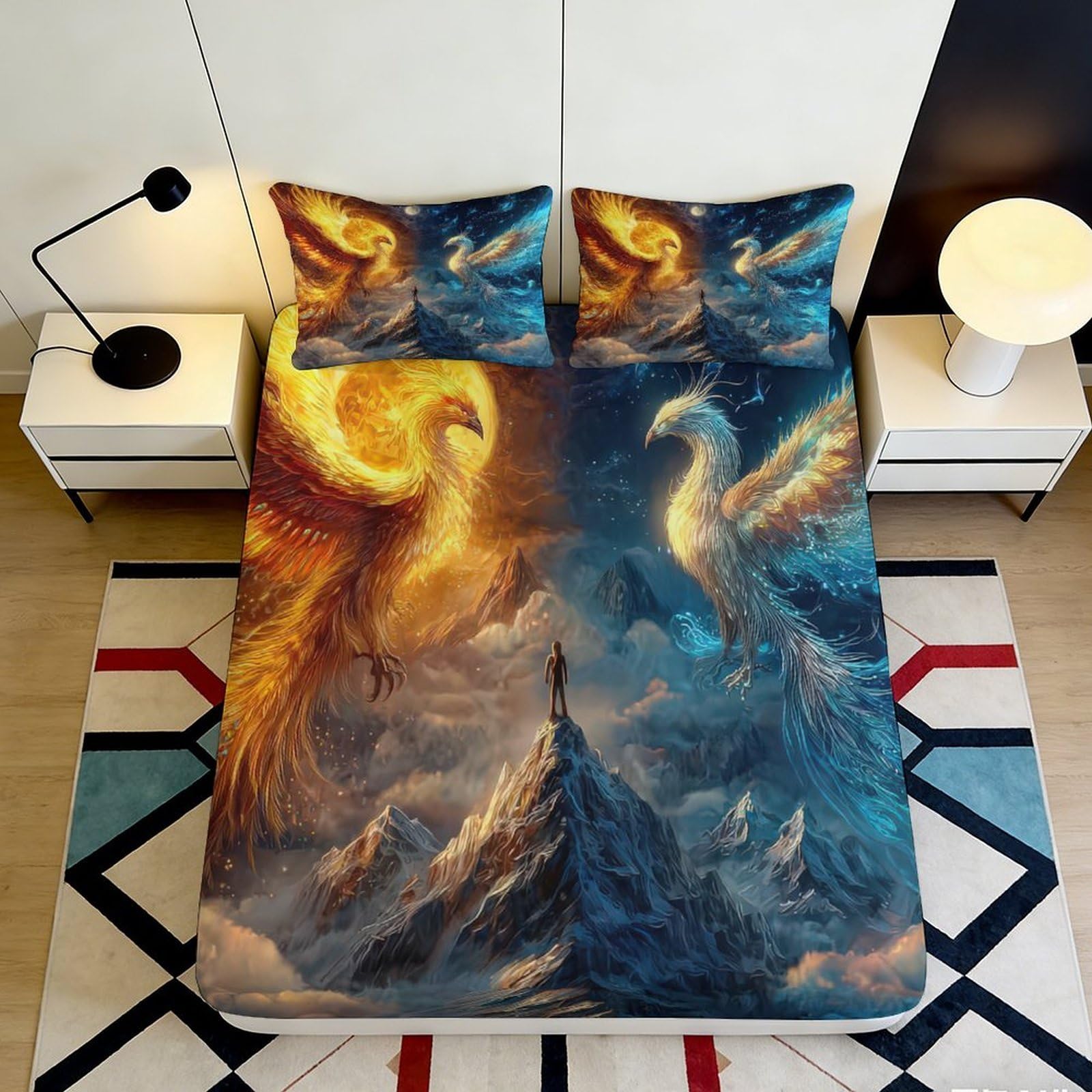3D Printed Fire Phoenix Fitted Sheet Microfiber Blue Ice Phoenix Mattress Cover for Bedroom Dorm Mattress Protection Decor 90x200x25cm