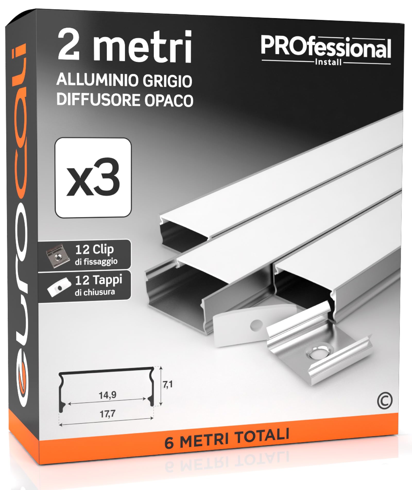Profilo Alluminio Per Strisce LED - 6m (3 Pezzi Da 2m) - Copertura Opaca - Superficiale - Foto 2