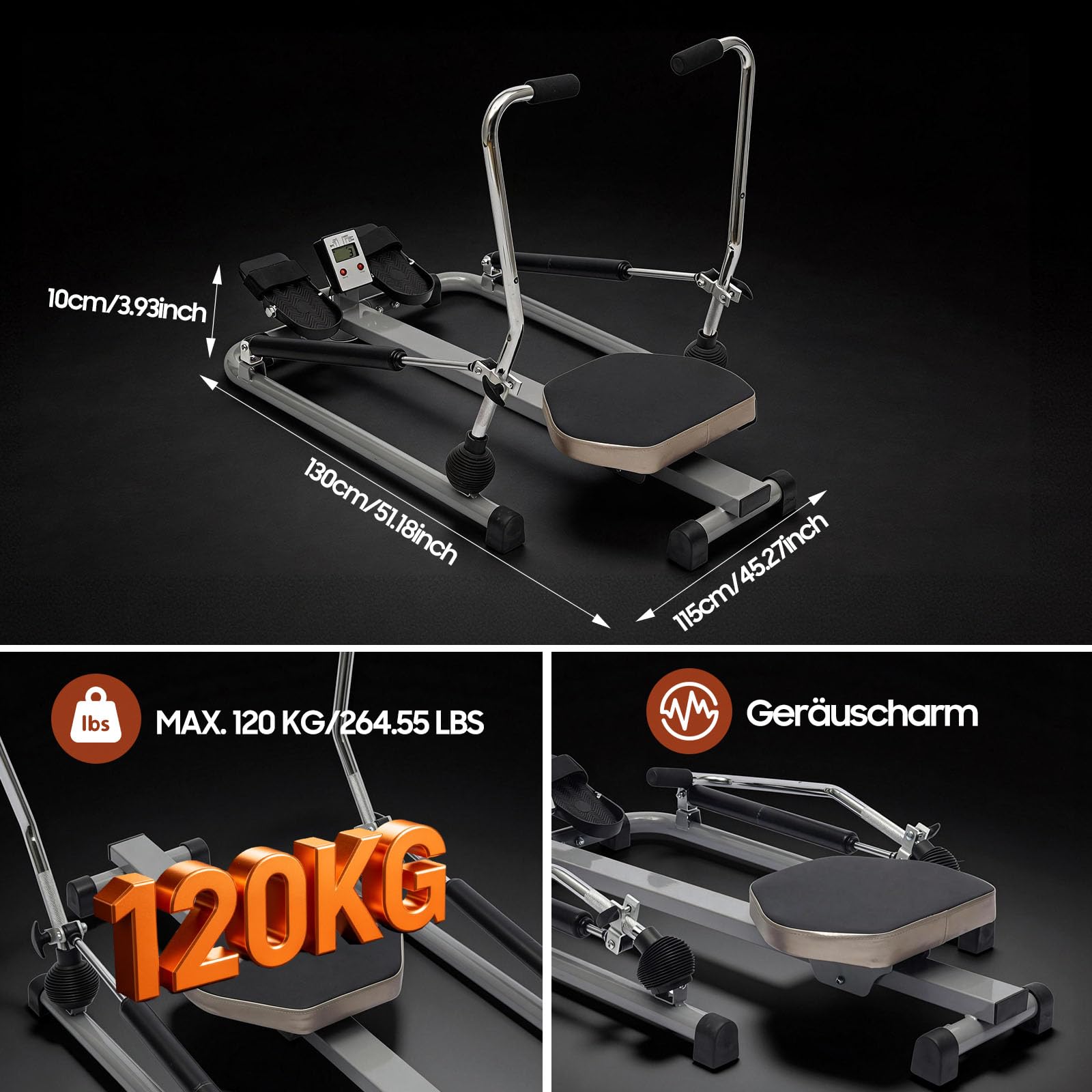 Rudergerät für Zuhause, Hydraulisches Fitness-Rudergerät mit Einstellbarer Widerstand und LCD-Display, Rudermaschine Trainingsgerät für das Ganzkörpertraining, 110×61×21 cm
