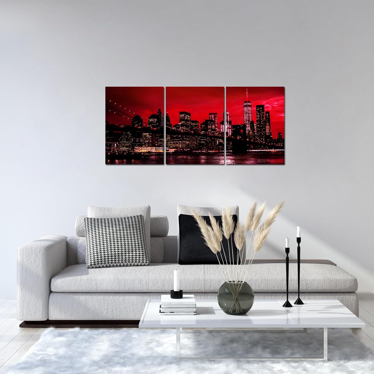 sechars 3 Pieces New York City Wall Art Canvas Black and White Red Brooklyn Bridge Night Skyline Picture Photo Print Modern Cityscape Poster Painting for Home Office Living Room Decor (Small) (Red)