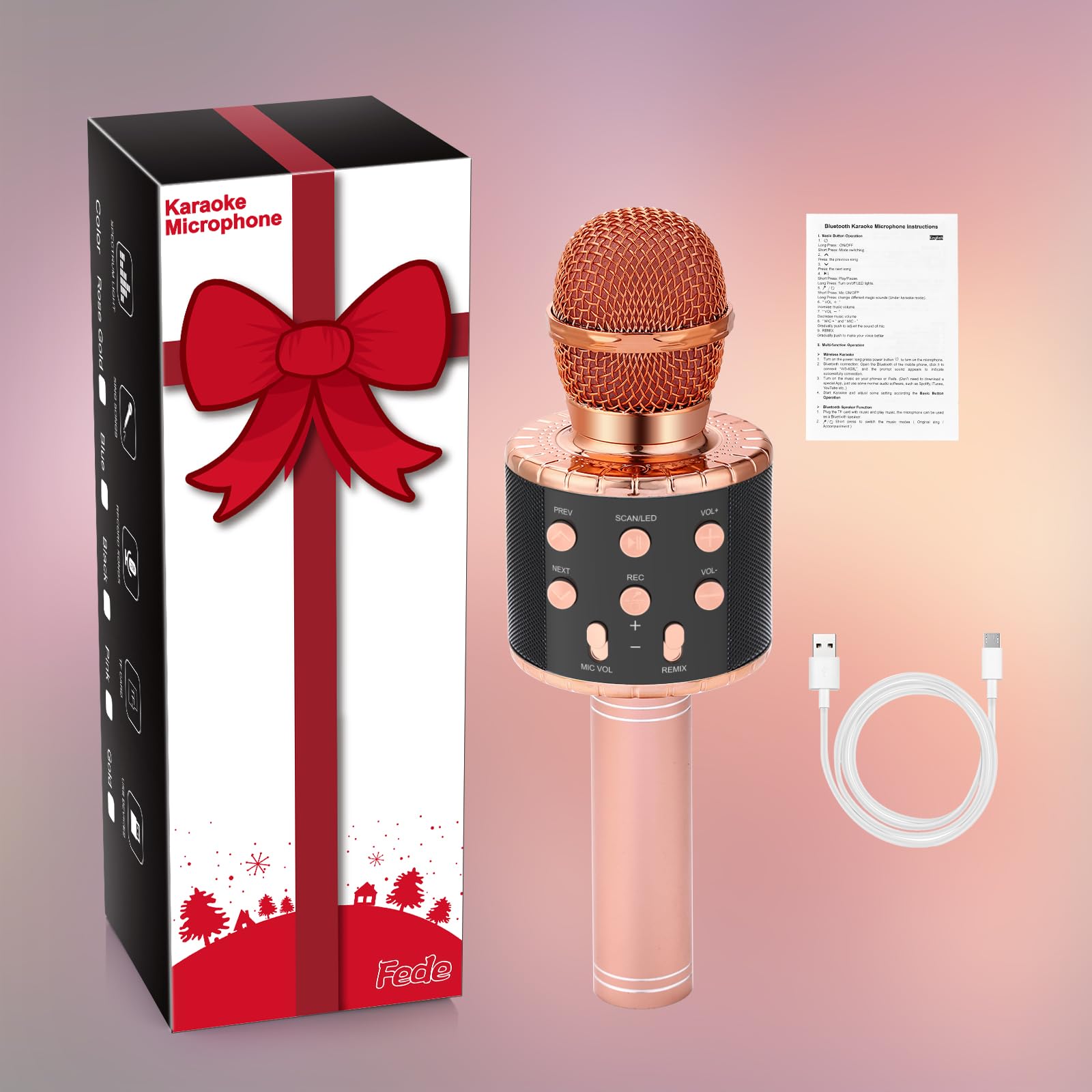 Fede Microphone Karaoké sans Fil, Micro à Main Portable Haut-Parleur pour Enfants/Adultes Chanter