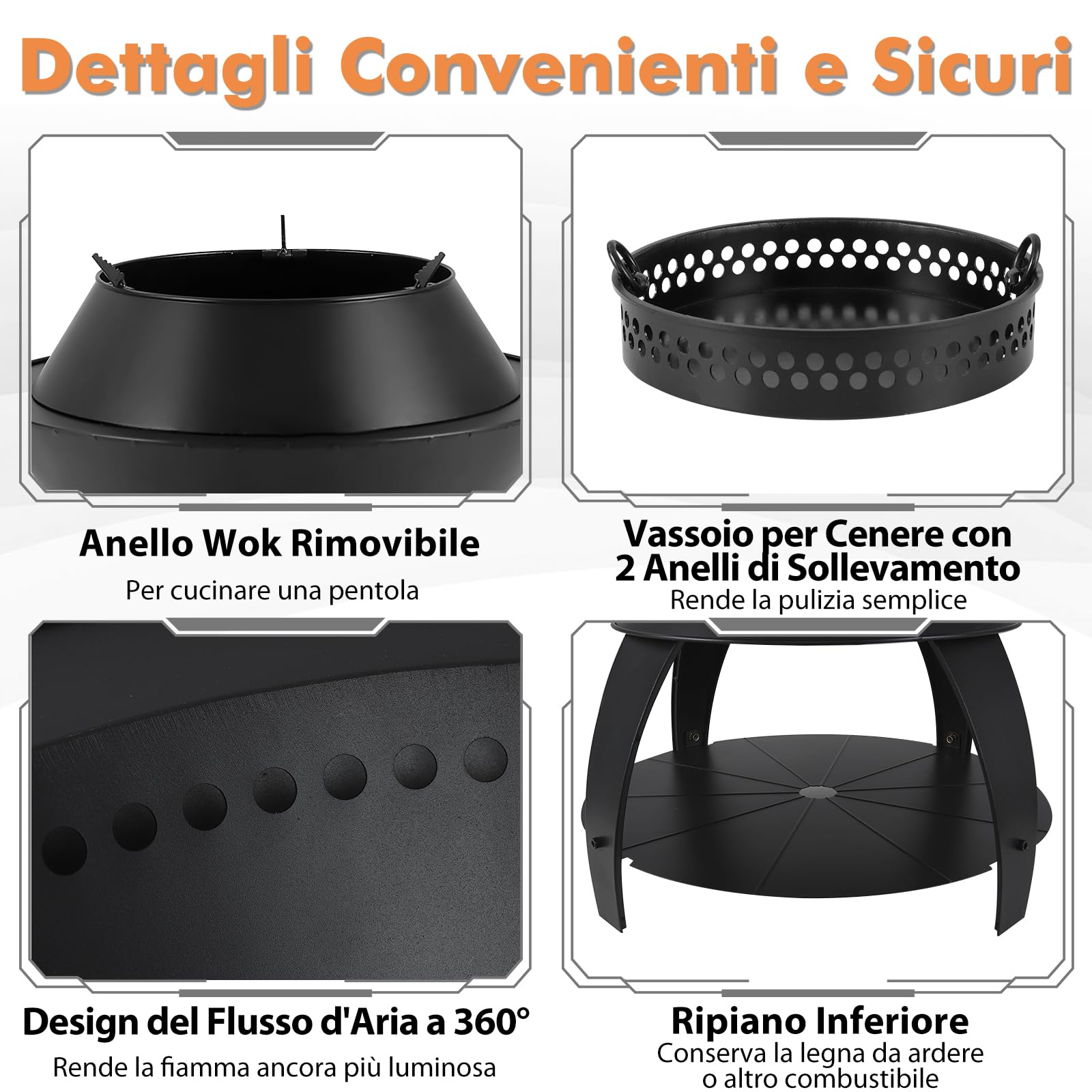 GYMAX Focolare per Esterni Senza Fumo da 50 cm, con Vassoio per Cenere e Anello per Pentola Rimovibile, Braciere da Giardino Campeggio 3 in 1 per Barbecue Cortile