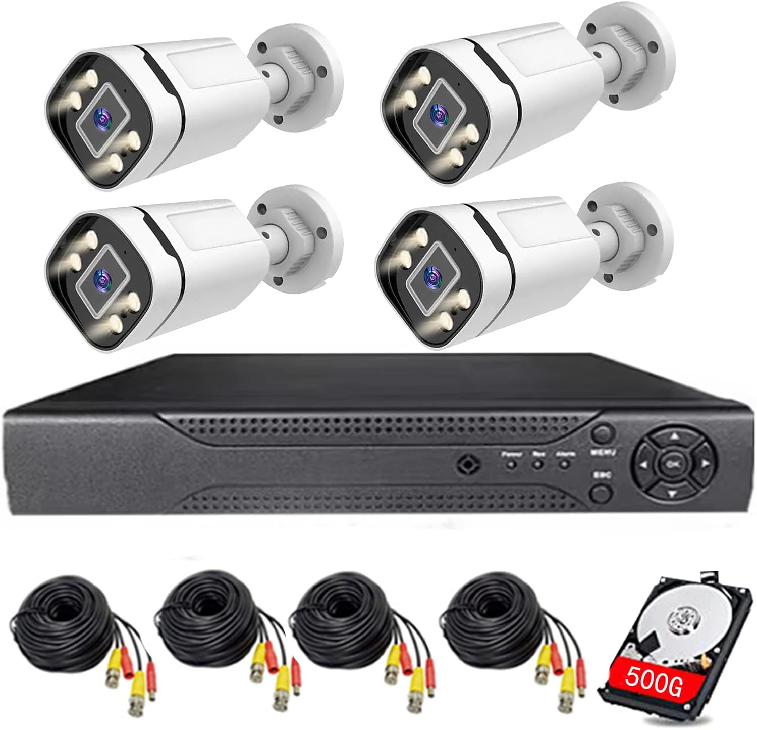 Home Security 4CH 1080P DVR Kit with 4pcs 1080P Waterproof Bullet Analog Camera 3MP Lens AI Color Night Vision Surveillance Outdoor AHD Security CCTV System Set (with 500GB HDD)