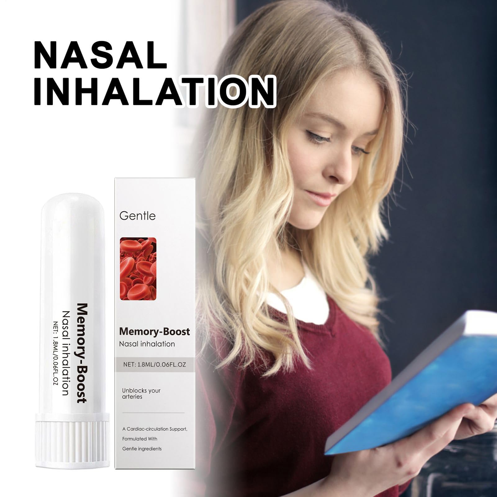 Memory Boost przenośny inhalator z przyssawką do nosa, dyfuzor do aromaterapii, świeże powietrze, miękkie składniki, kojący, 1,8 ml, do oddychania