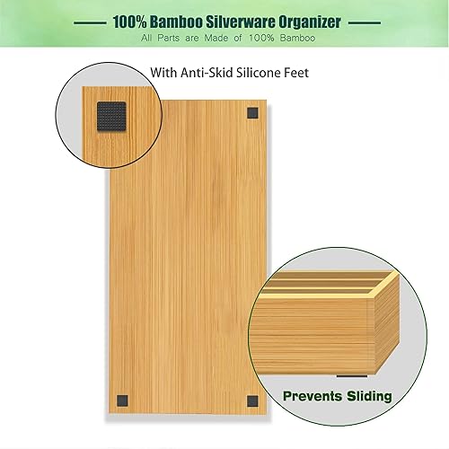 Miniatura 6 de guiogc Organizador de cubiertos de bambú de doble capa mediano, organizador de cajones de cocina, soporte para bandeja de utensilios, bandeja de